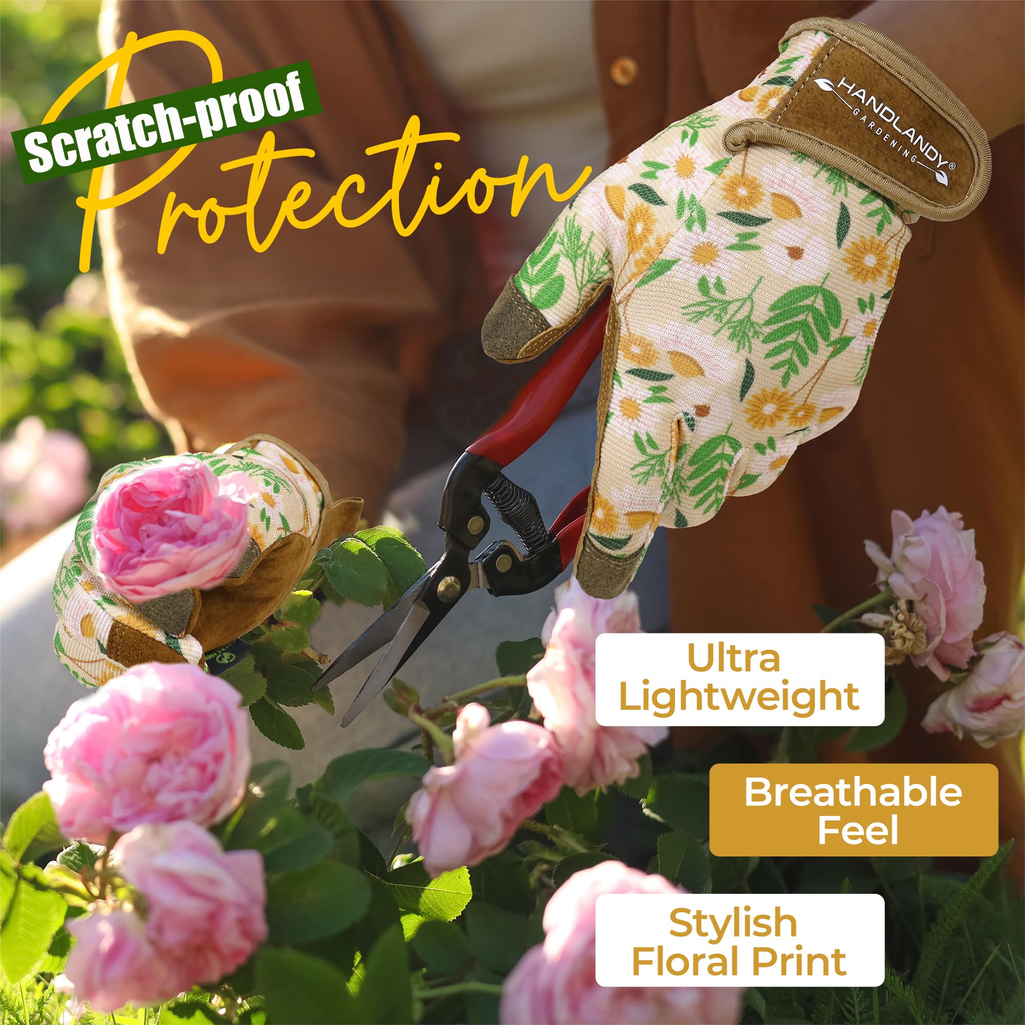 Back view of HANDLANDY gardening gloves showing spandex material
