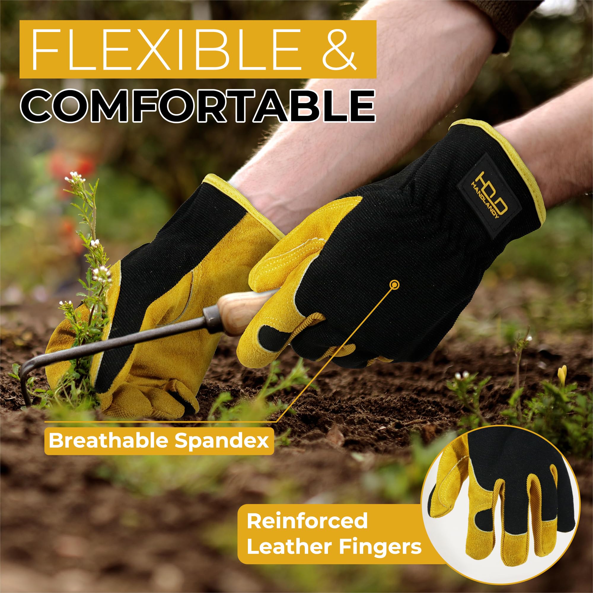 Back view of HANDLANDY Leather Gardening Gloves with spandex