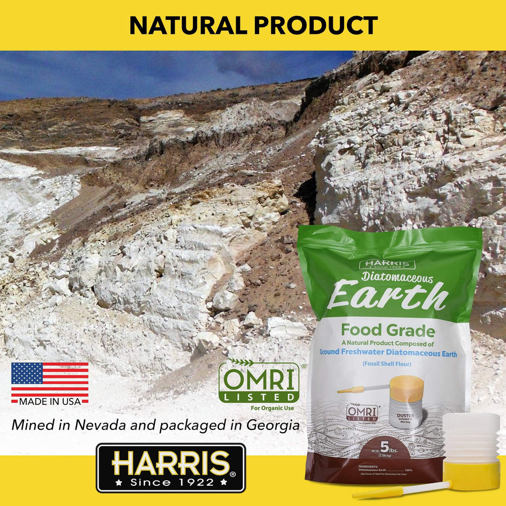 Back view of HARRIS Diatomaceous Earth 5lb packaging