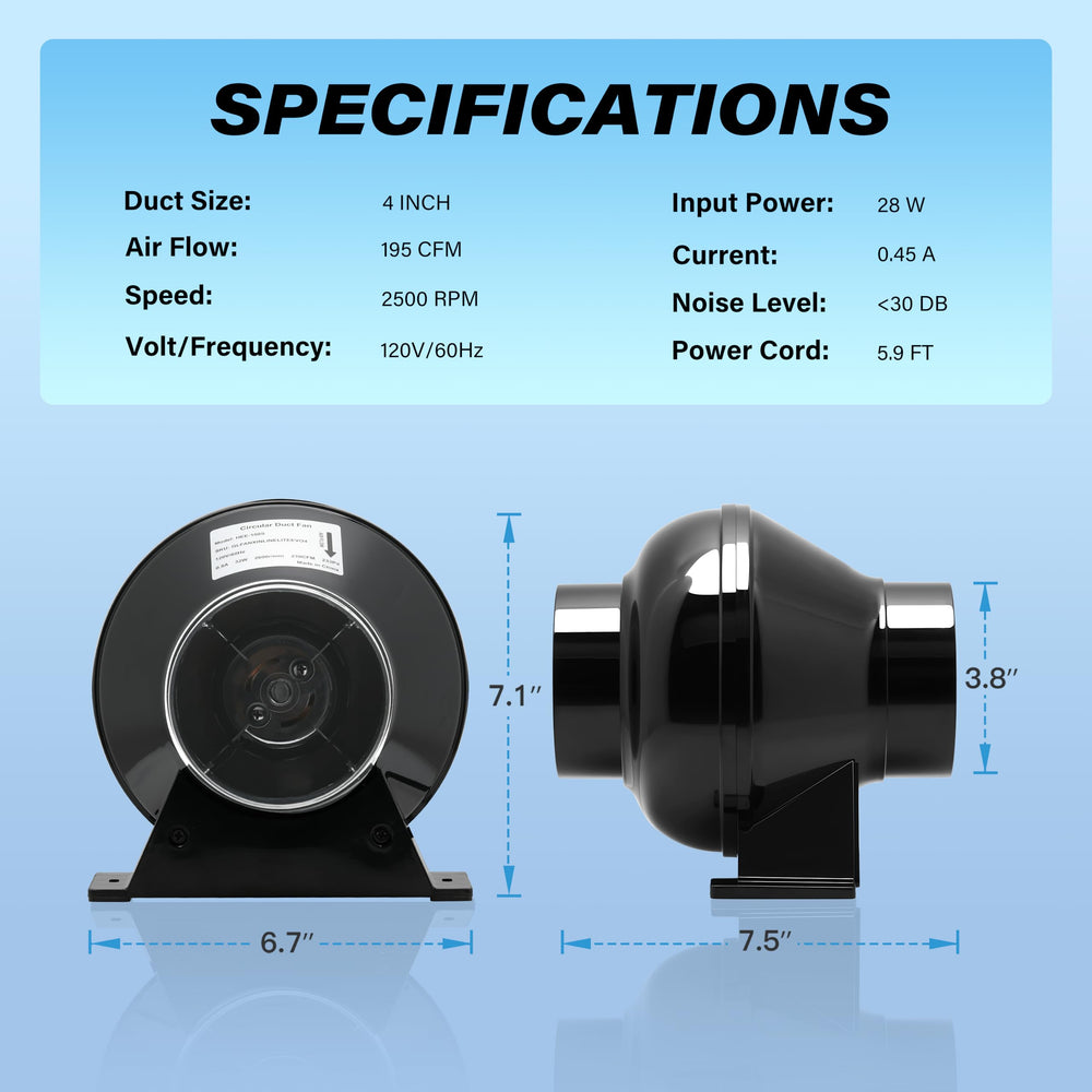 Back view of HealSmart 4 Inch Exhaust Inline Duct Fan