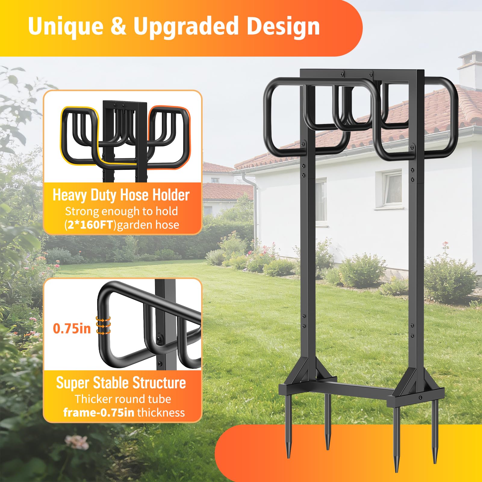 Back view of HeroicLion Garden Hose Holder showing metal finish