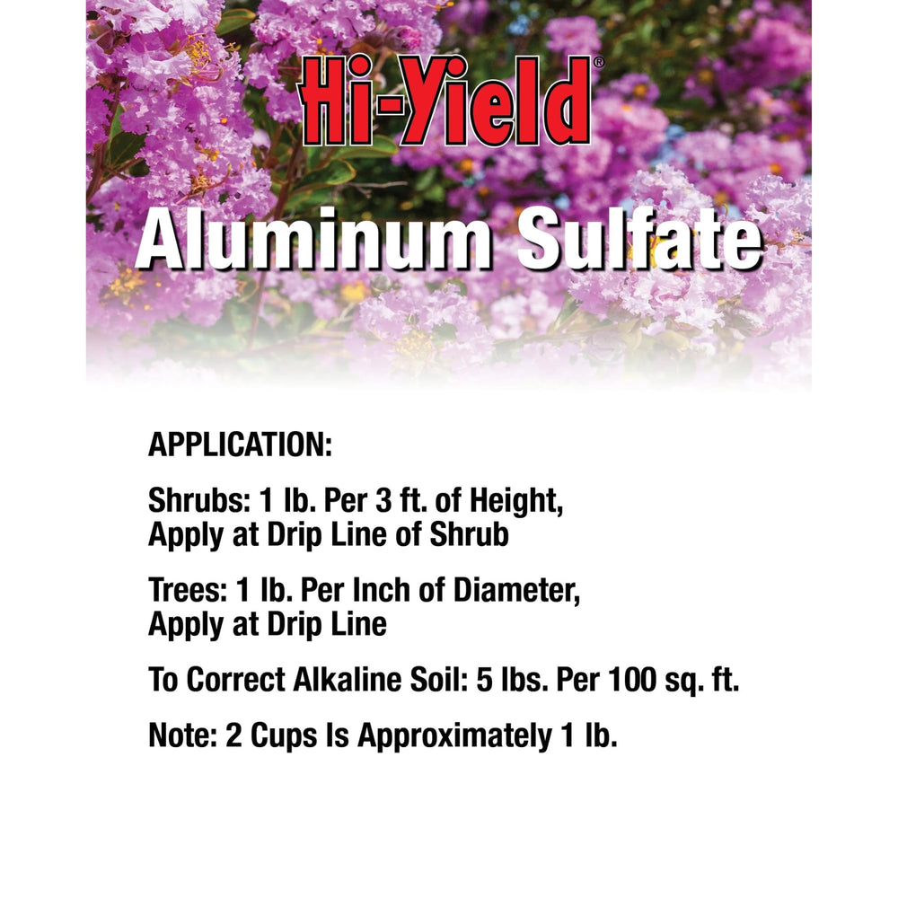 Back view of Hi-Yield Aluminum Sulfate with usage instructions