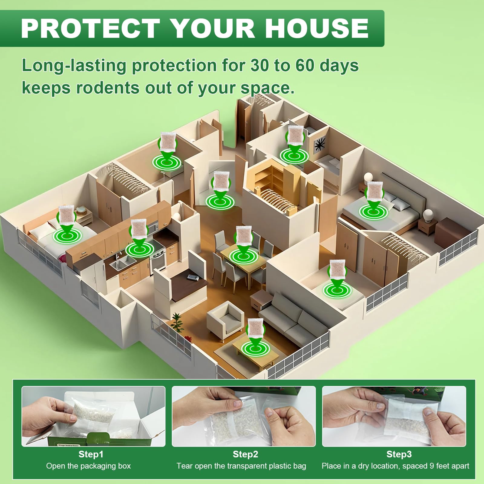Back view of HLISIS Mouse Repellent Pouches packaging