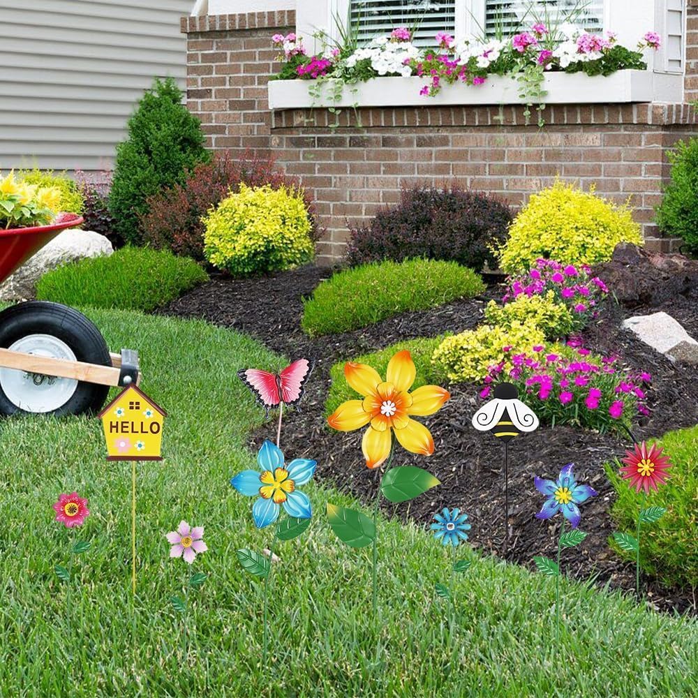 back view of hogardeck metal flower garden stakes