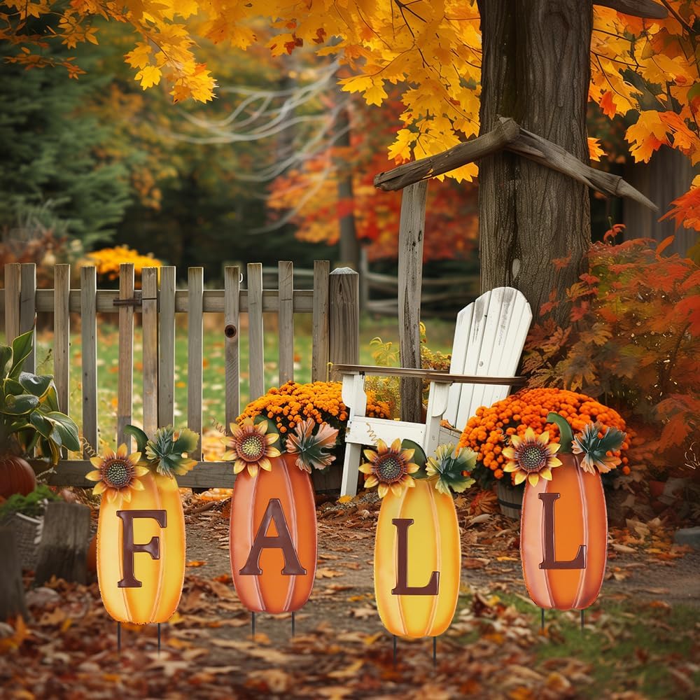 back view of hogardeck metal pumpkin garden stake