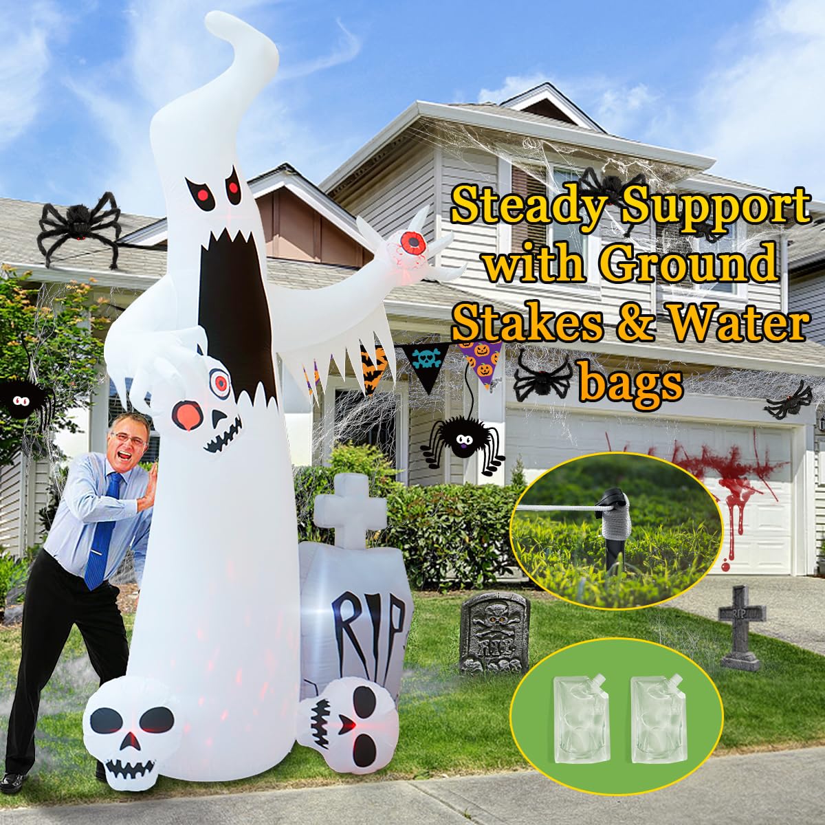 Back view of HOPOCO Halloween Inflatable Ghost with tombstone