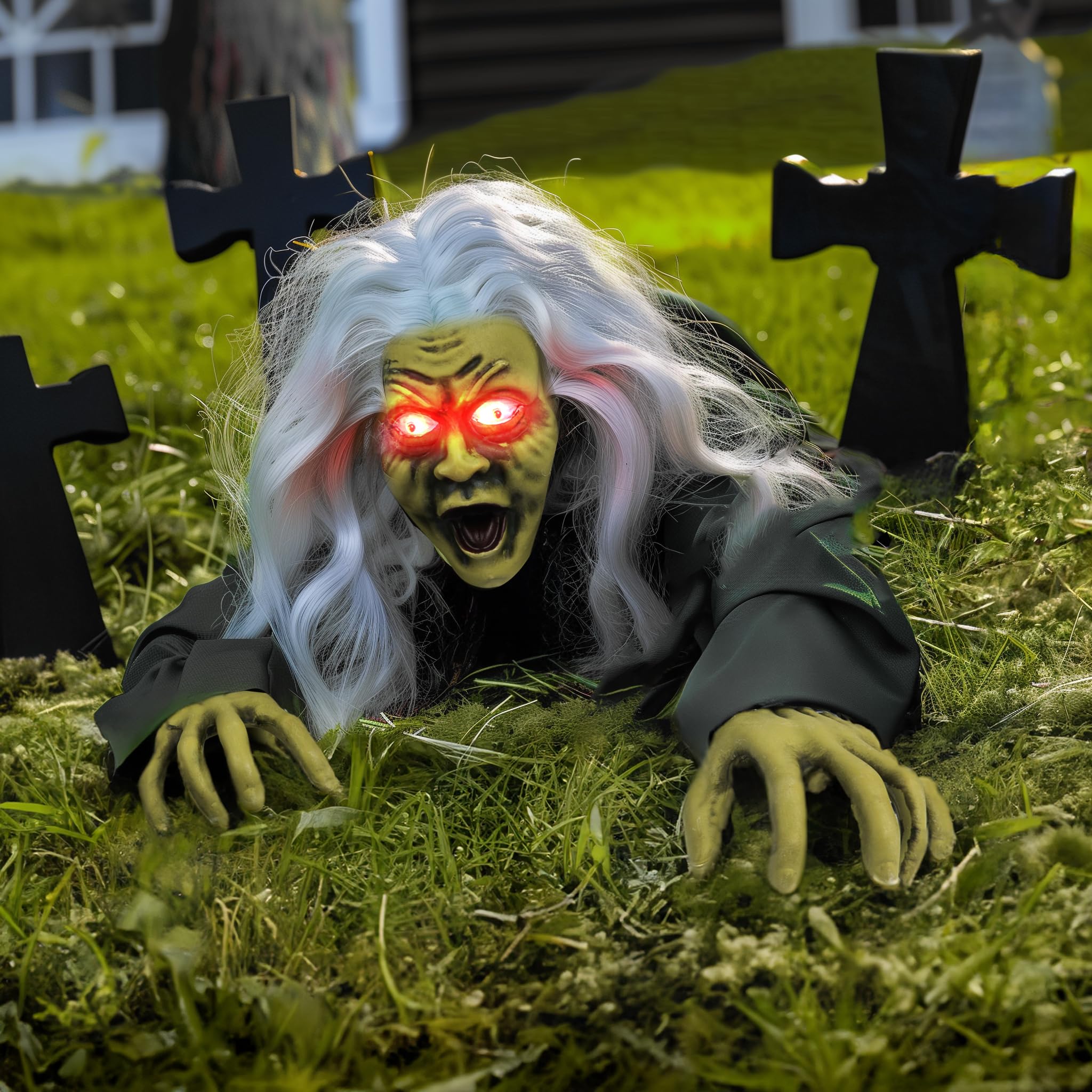 Back view of Hourleey Animated Zombie decoration showing quality materials