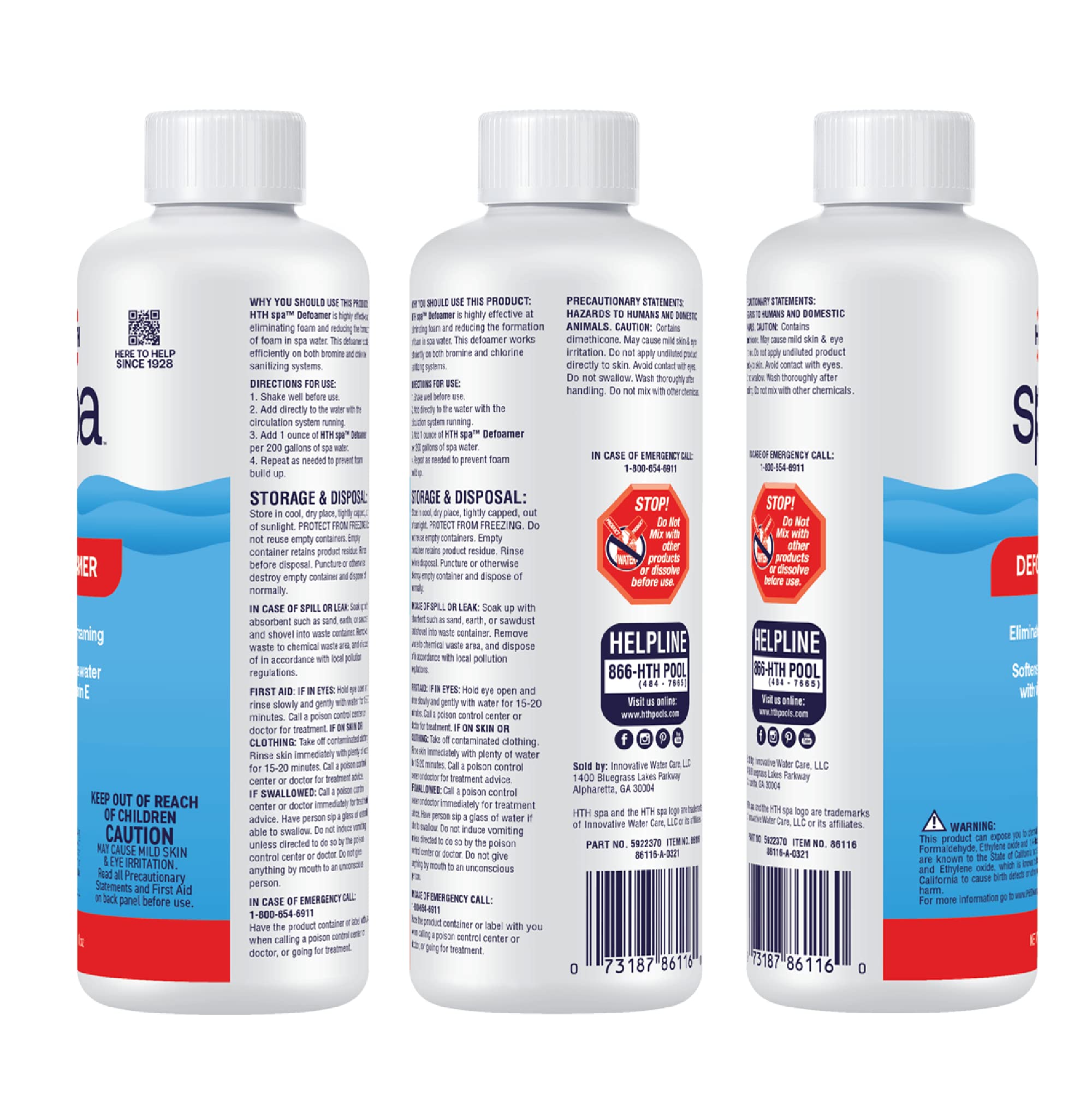 Back view of HTH Spa Defoamer 16 oz bottle