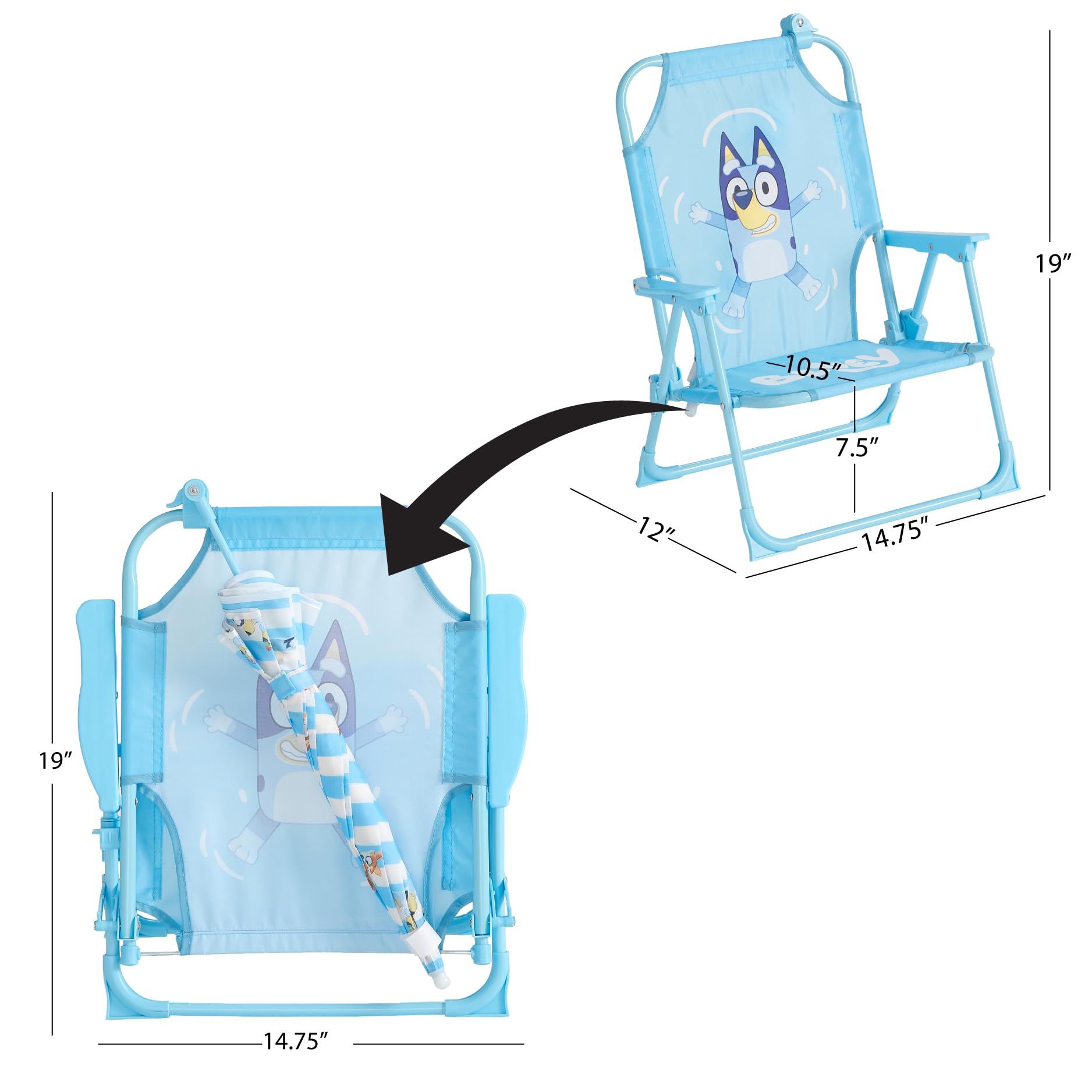 Back view of Idea Nuova Bluey chair showing attached umbrella