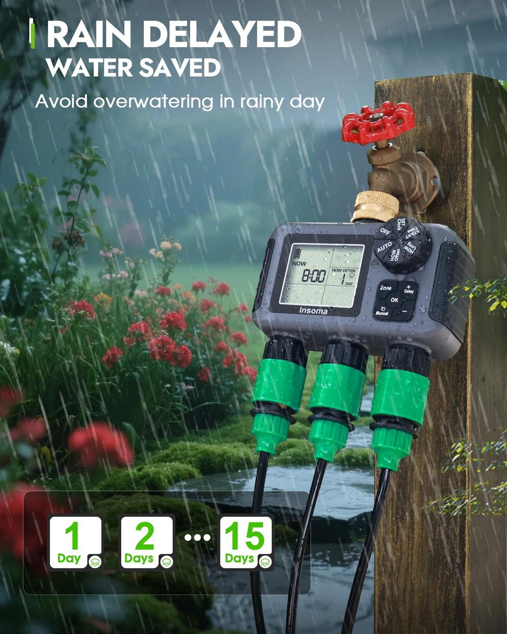 Back view of Insoma sprinkler timer with battery compartment