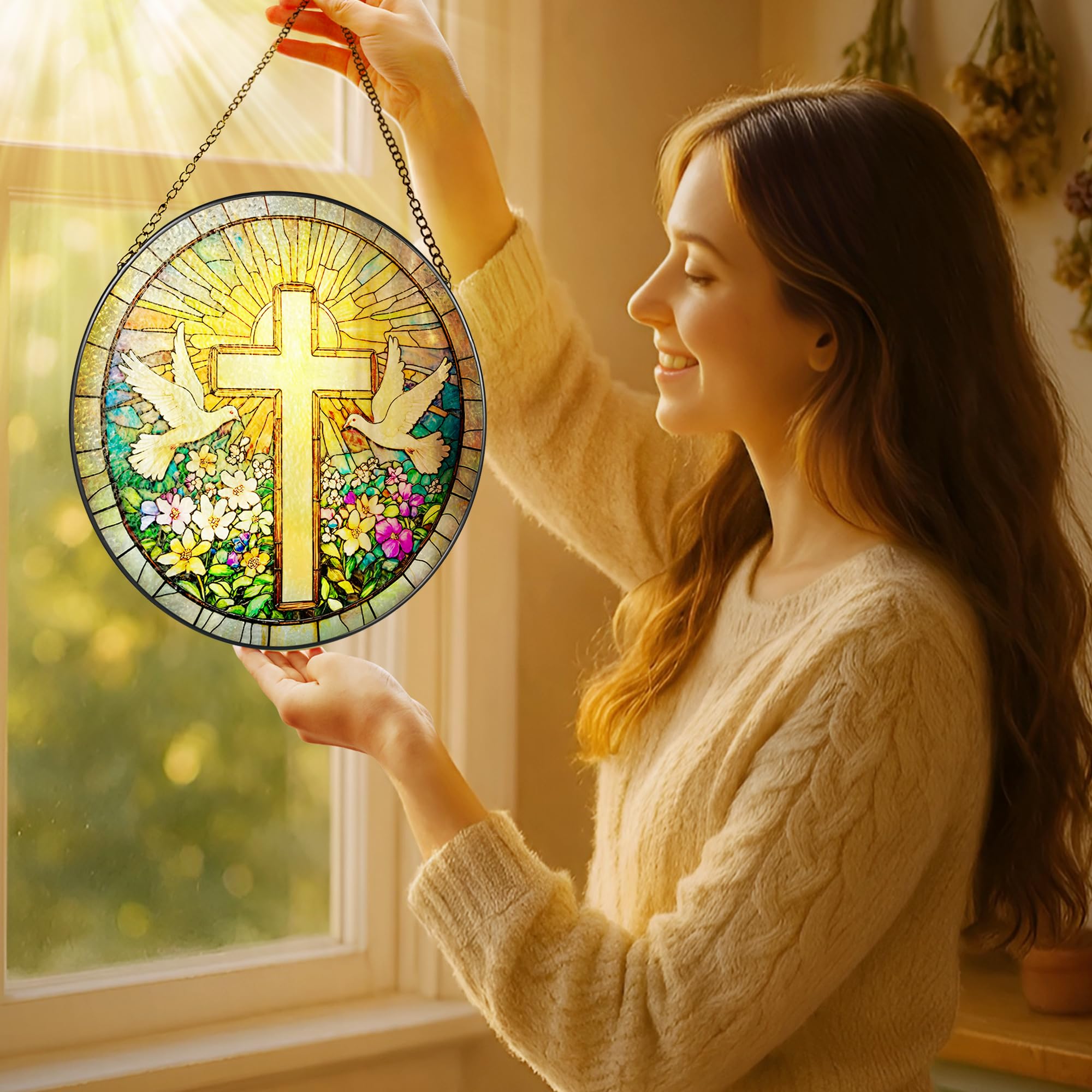 Back view of LAOWEIKI stained glass suncatcher with black metal frame