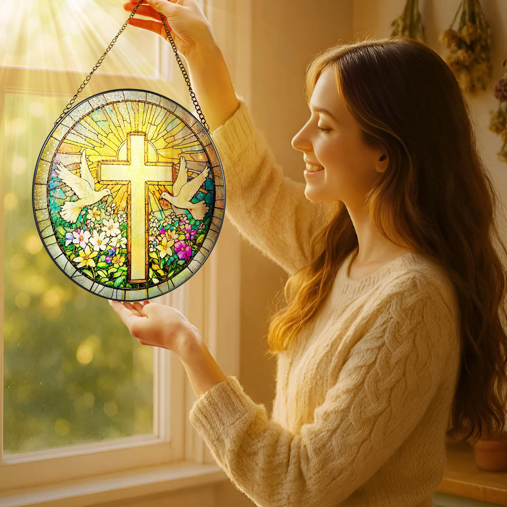 Back view of LAOWEIKI stained glass suncatcher with black metal frame