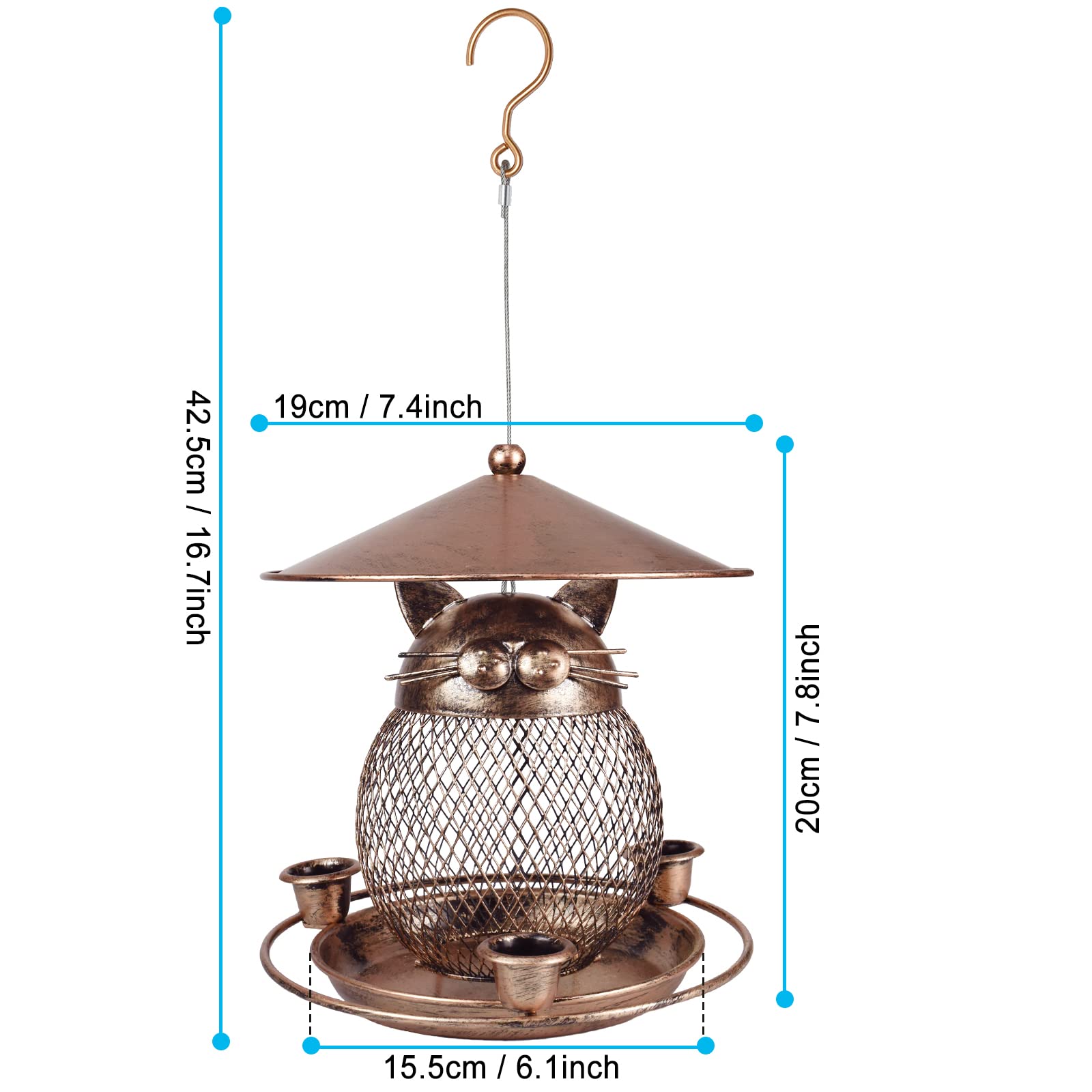 Back view of LBTING cat-shaped bird feeder showing hanging hook