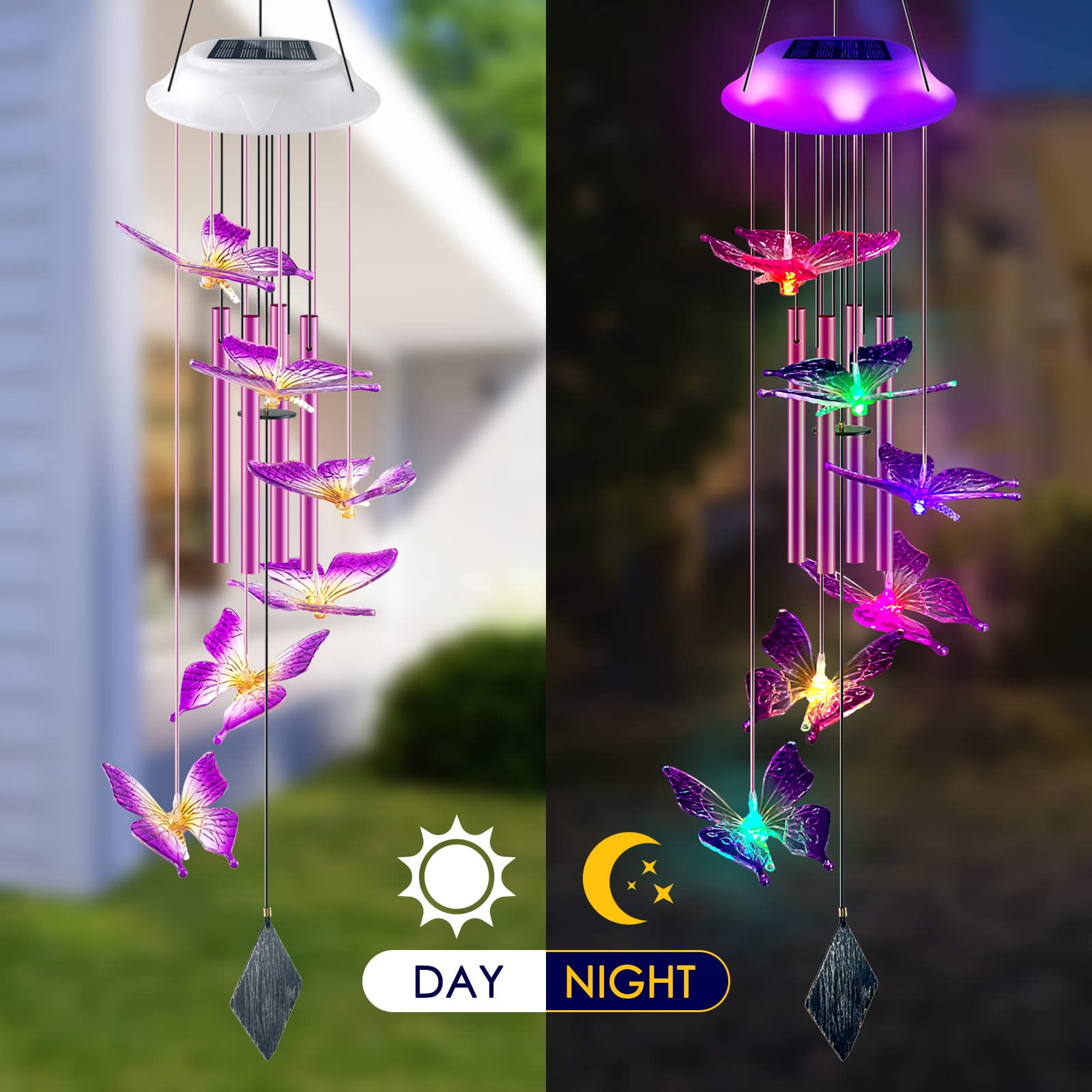 Back view of Lightalent Solar Butterfly Wind Chime displaying its iron tubes