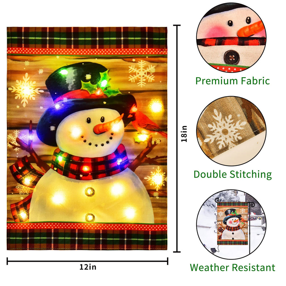 Back view of lighted snowman garden flag