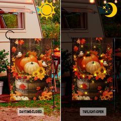Back view of LPREUTWN Lighted Pumpkin Garden Flag featuring double-sided design