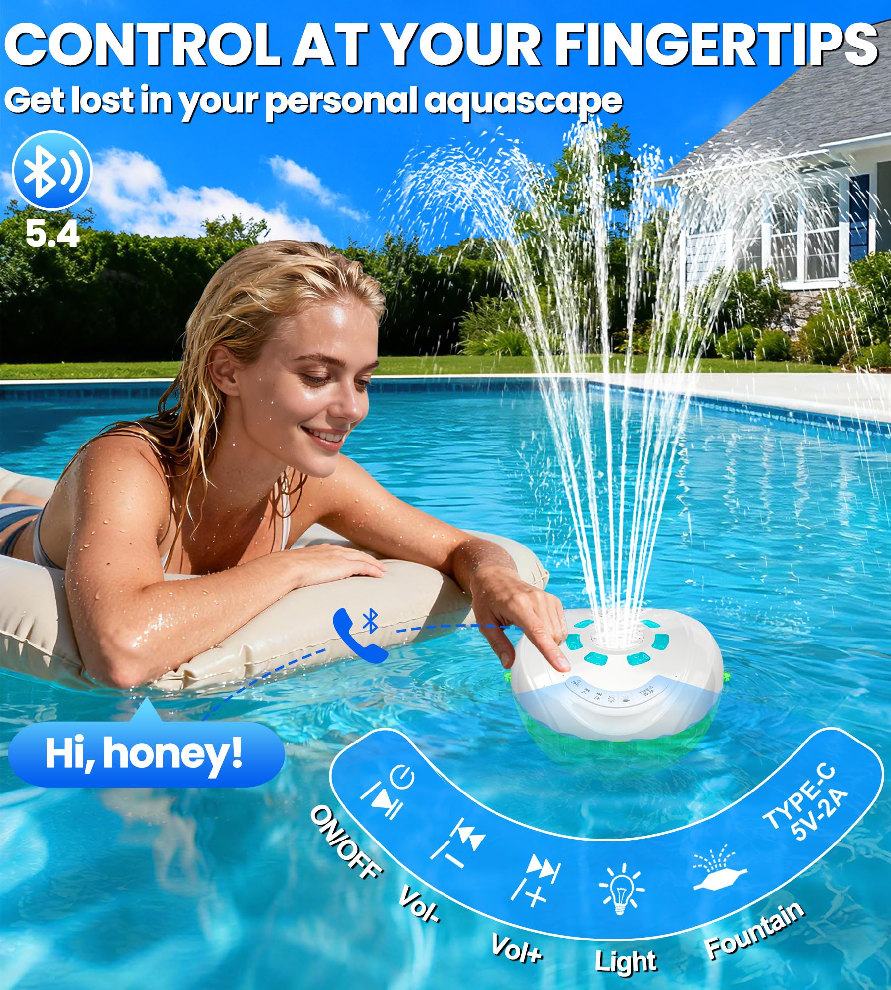 Back view of Luxfero Floating Pool Fountain showing design