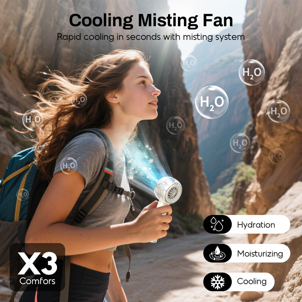 Back view of MACMORE handheld fan with USB charging port