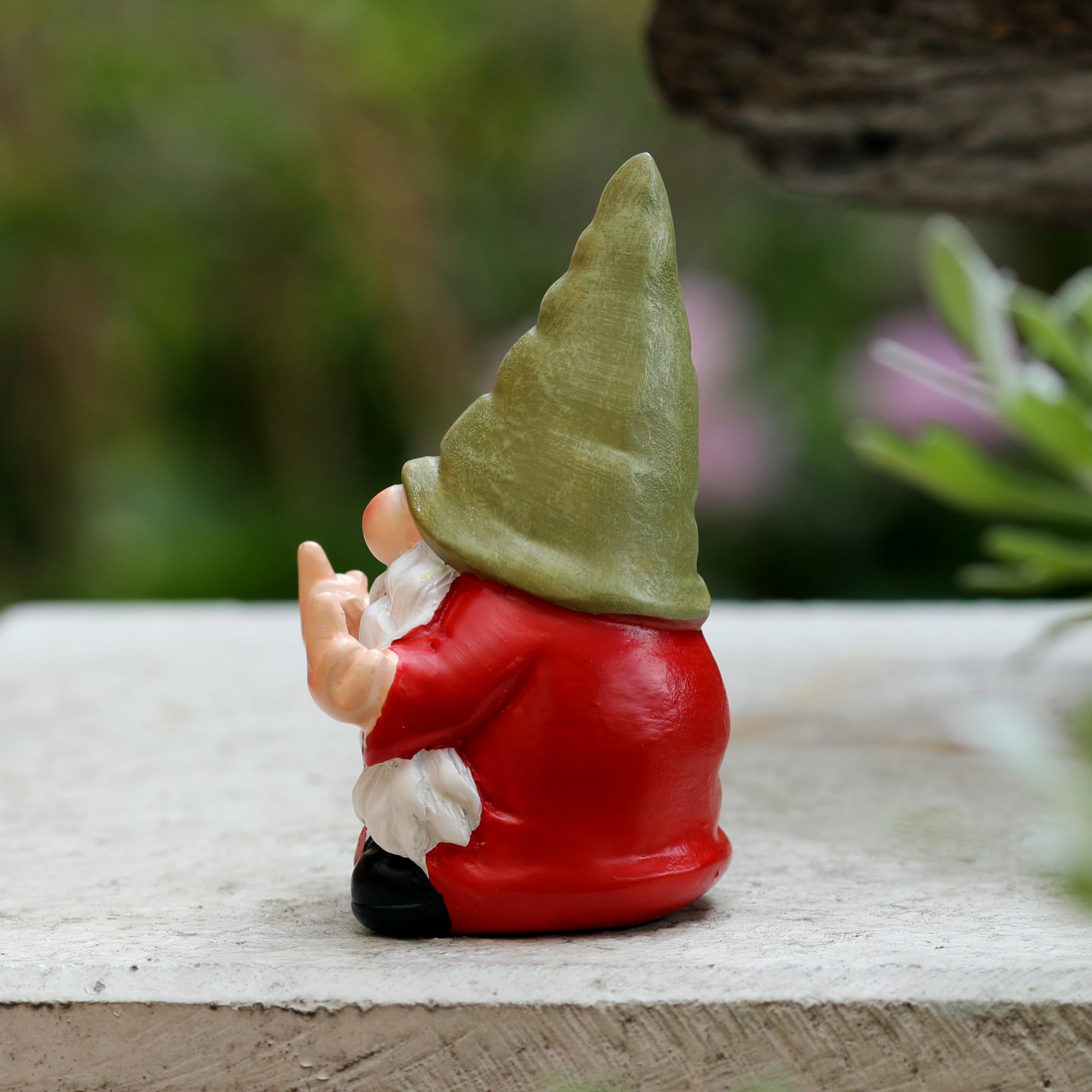 Back view of Middle Finger Female Gnome on a patio