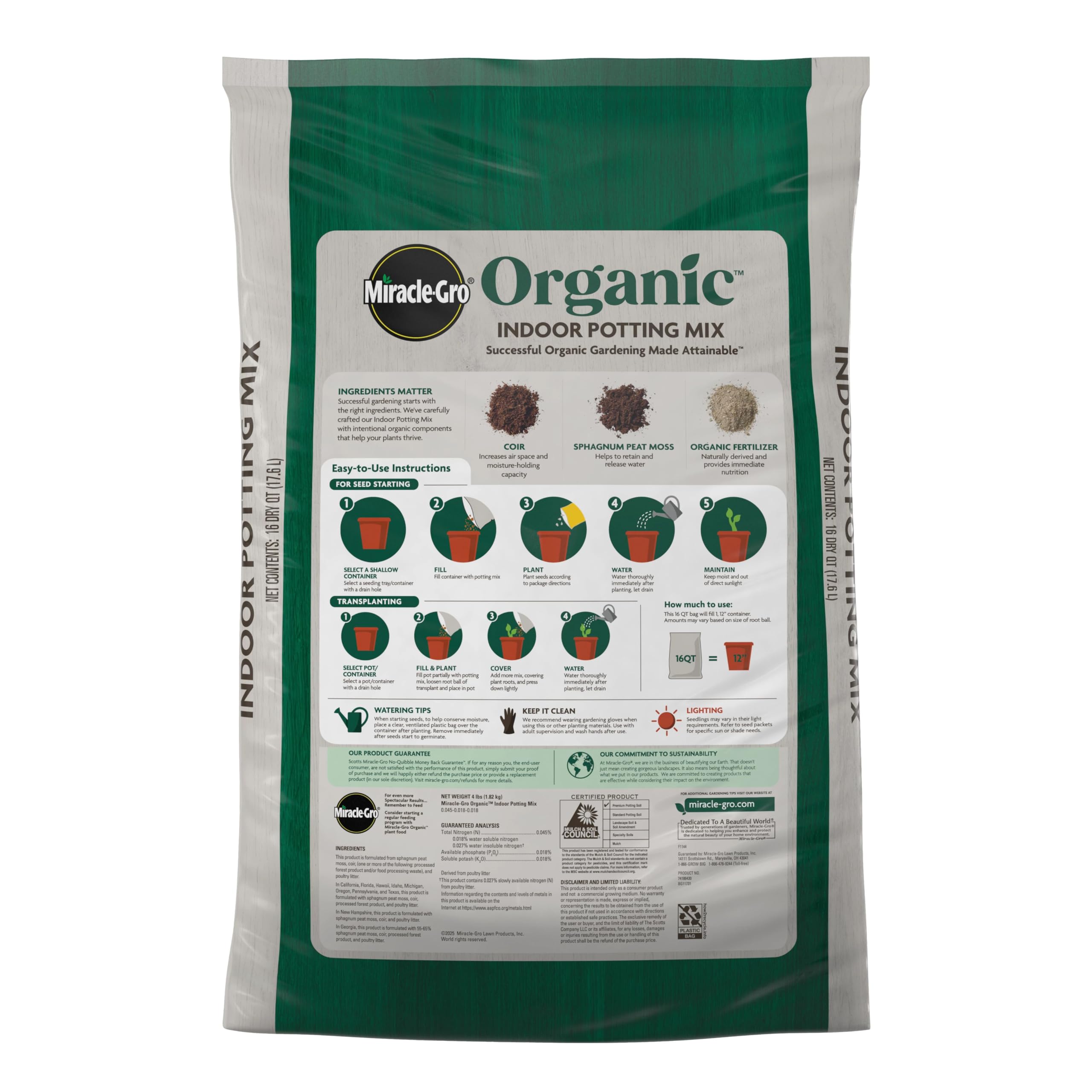 Back view of Miracle-Gro Organic Indoor Potting Mix bag
