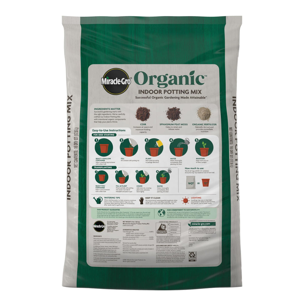 Back view of Miracle-Gro Organic Indoor Potting Mix bag