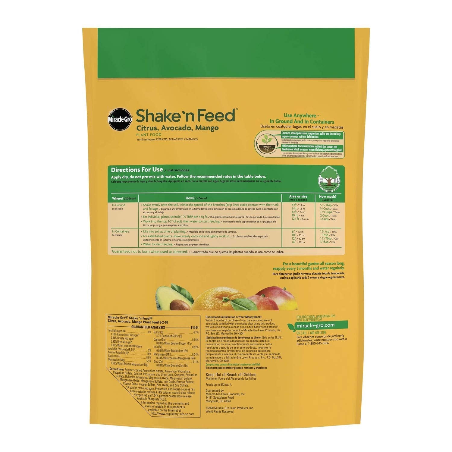 Back view of Miracle-Gro Shake 'N Feed Citrus Plant Food 8 lb packaging