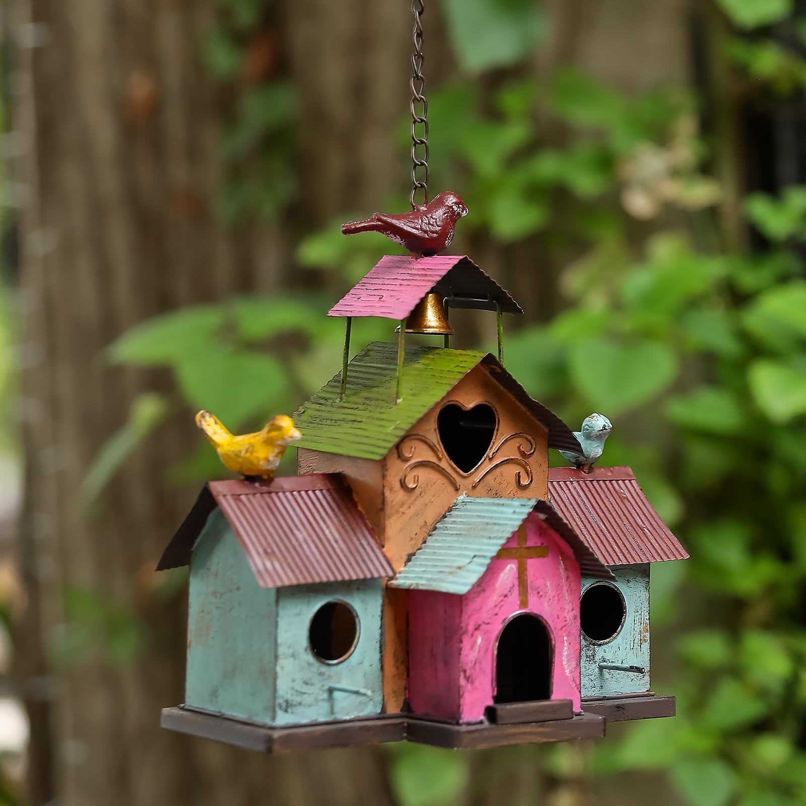Back view of MOCOME bird house showing cleanout door
