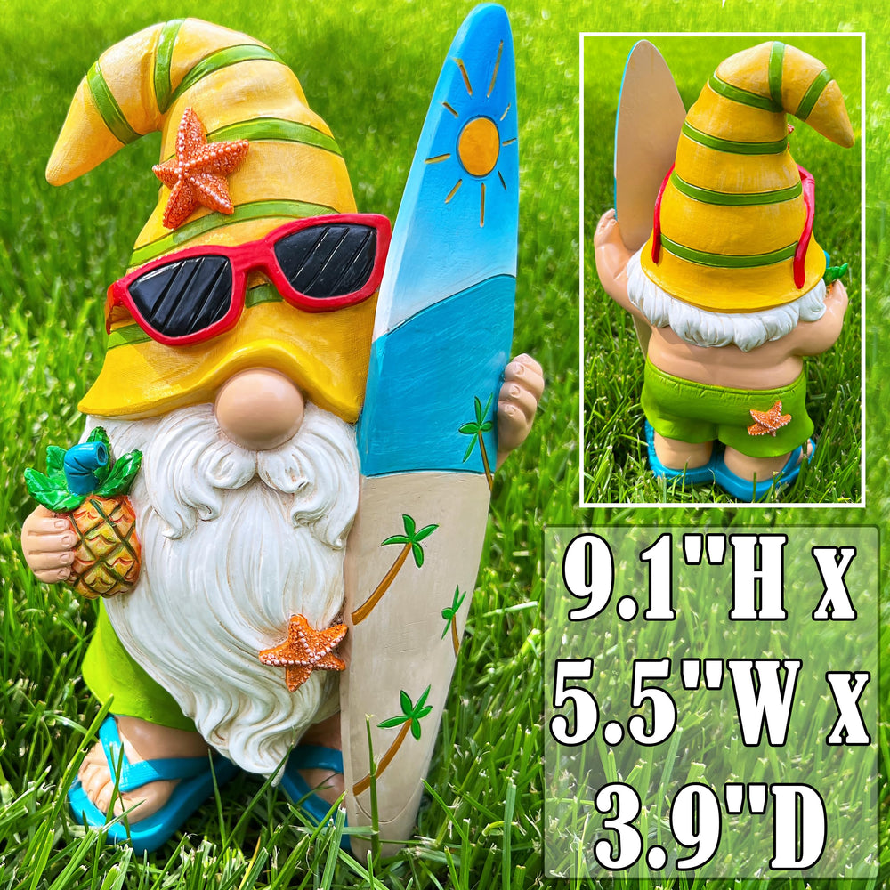 Back view of Mood Lab Surfer Gnome outdoor decoration