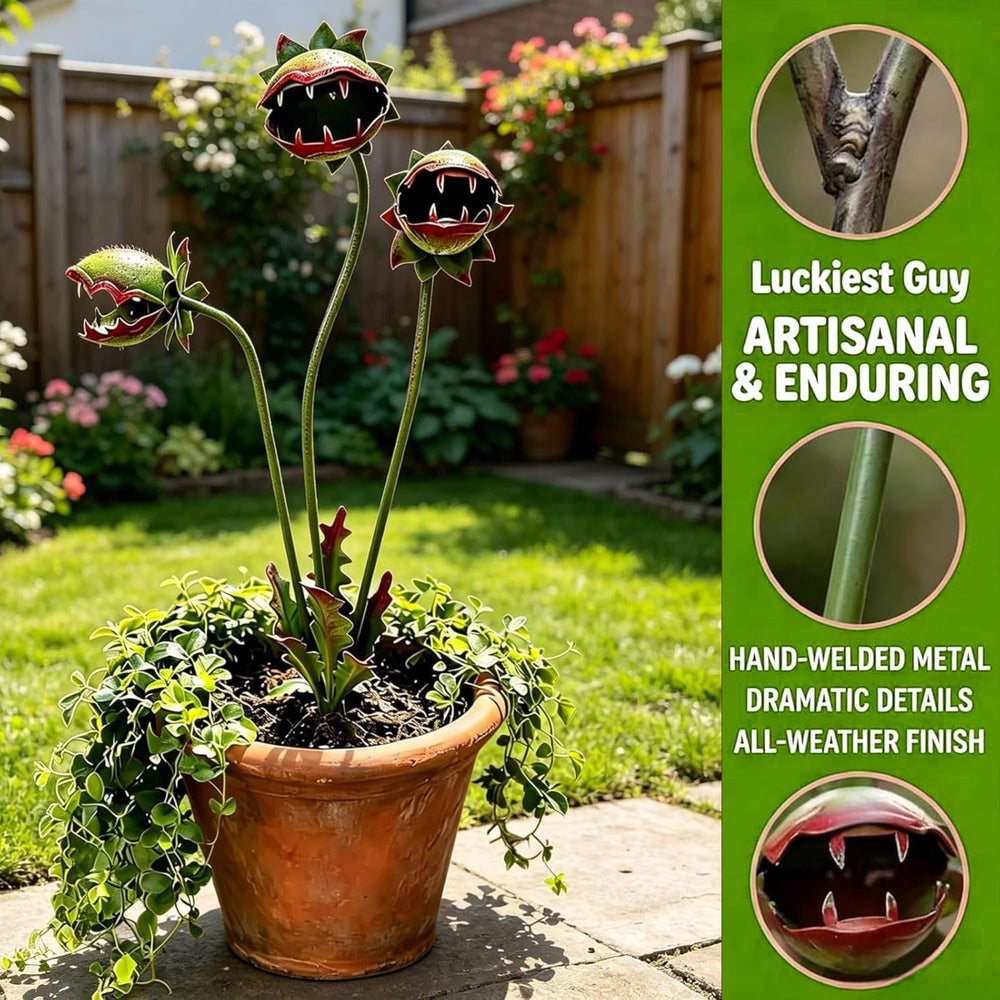 Back view of Mornihima metal carnivorous plant garden stake
