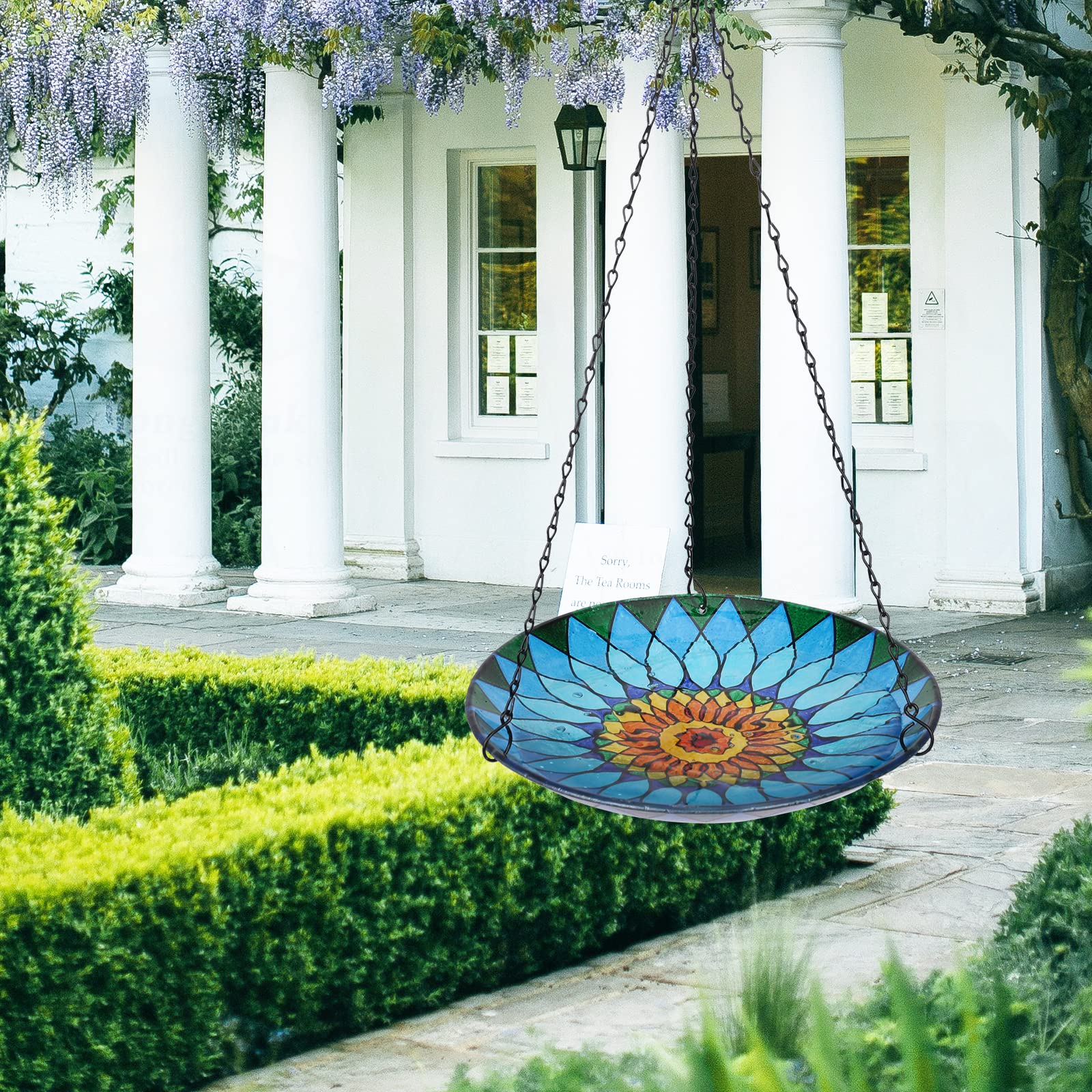 Back view of MUMTOP Hanging Bird Bath with metal chain