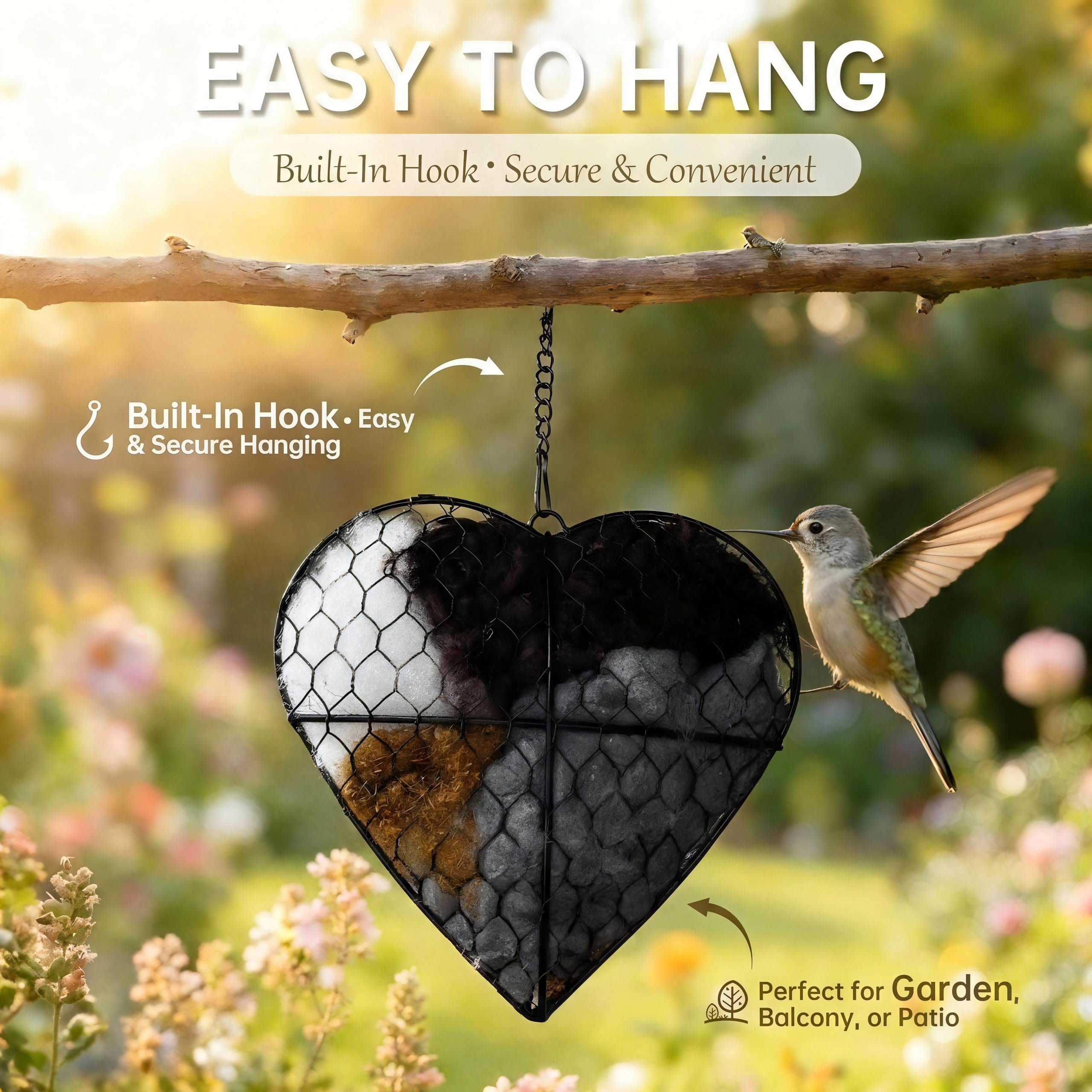 Back view of Mustio Handmade Fiber Bird Nesting Heart showing the hook