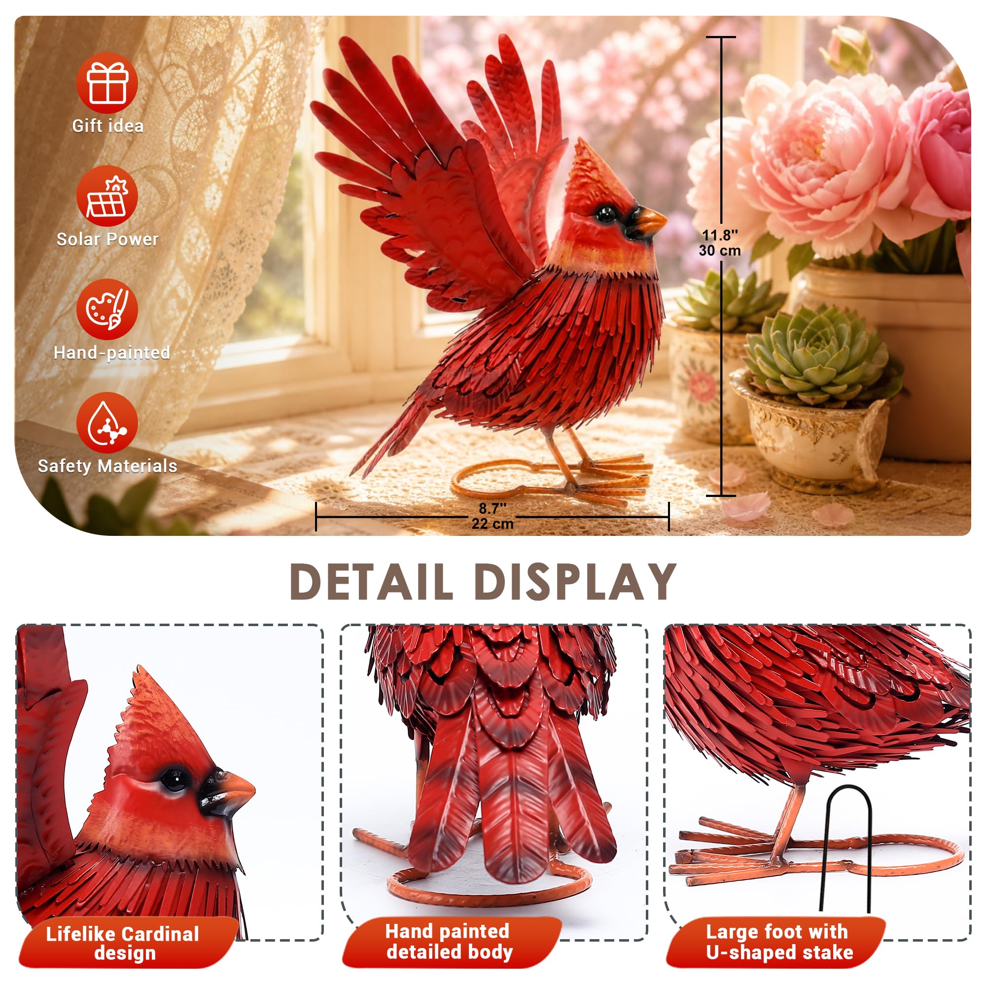 Back view of Nacome Cardinal Metal Garden Statue