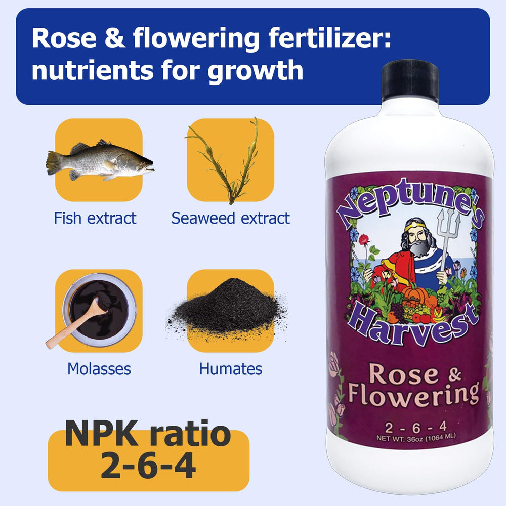 Back view of Neptune's Harvest Rose & Flowering Fertilizer bottle with ingredient list