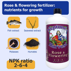Back view of Neptune's Harvest Rose & Flowering Fertilizer bottle with ingredient list