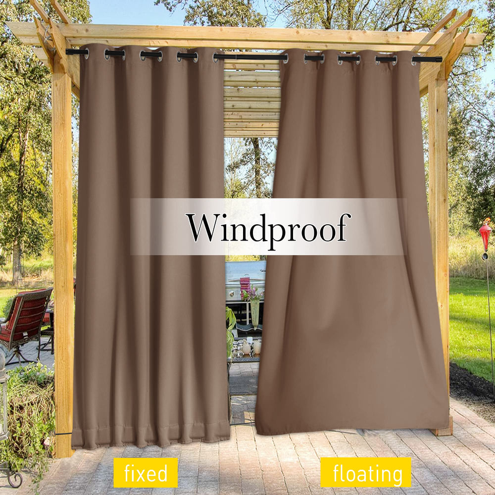 Back view of NICETOWN outdoor curtains showing installation