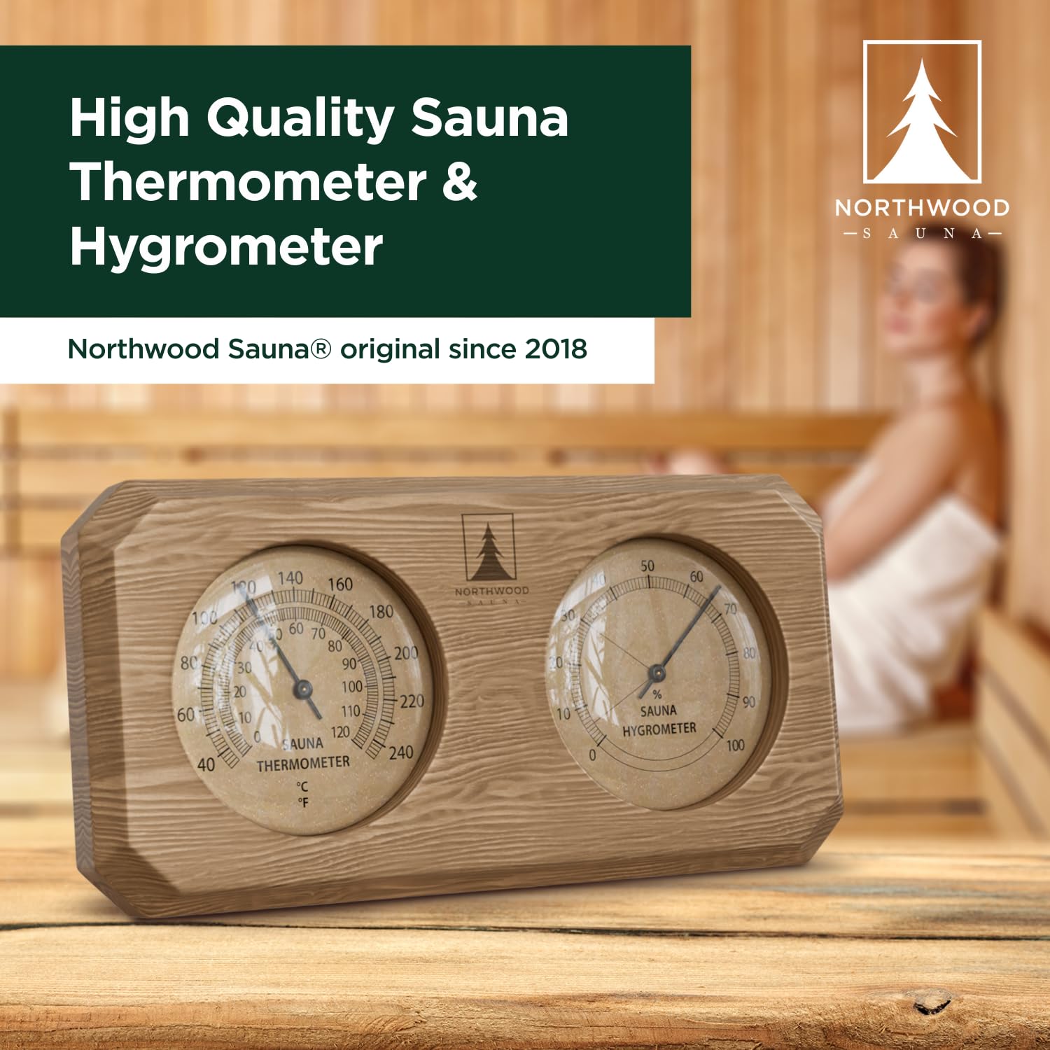 Back view of Northwood Sauna Thermometer and Hygrometer showing calibration instructions