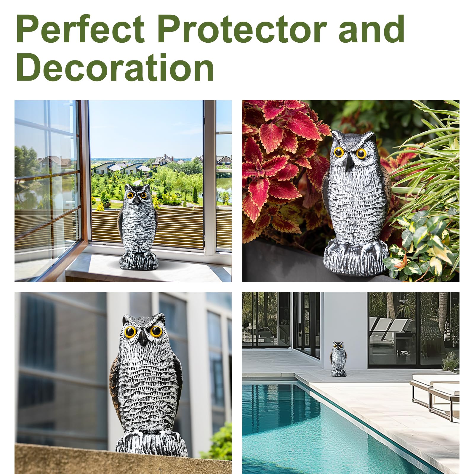 Back view of OFFO realistic owl statue in outdoor setting