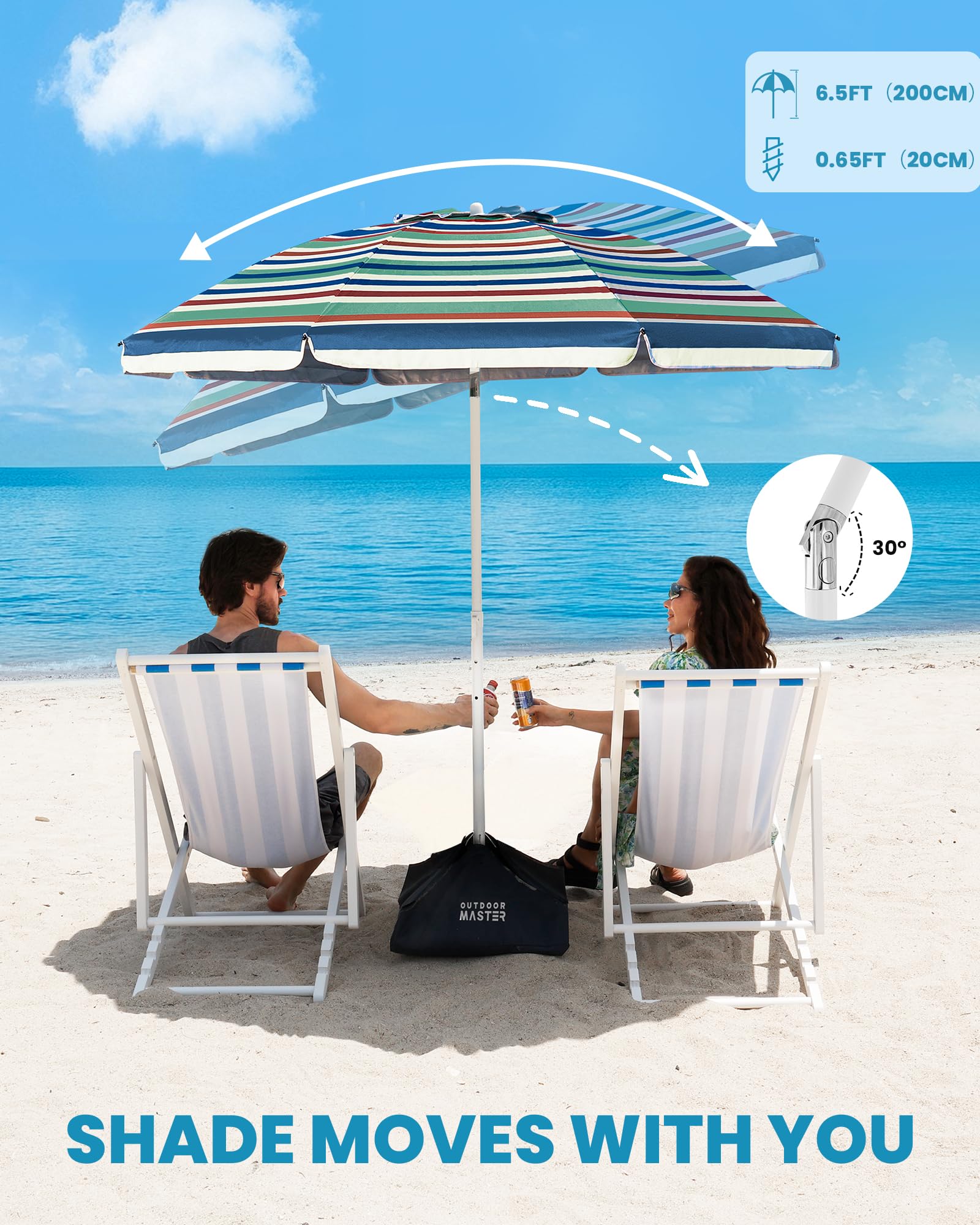 Back view of OutdoorMaster beach umbrella showing the sandbag