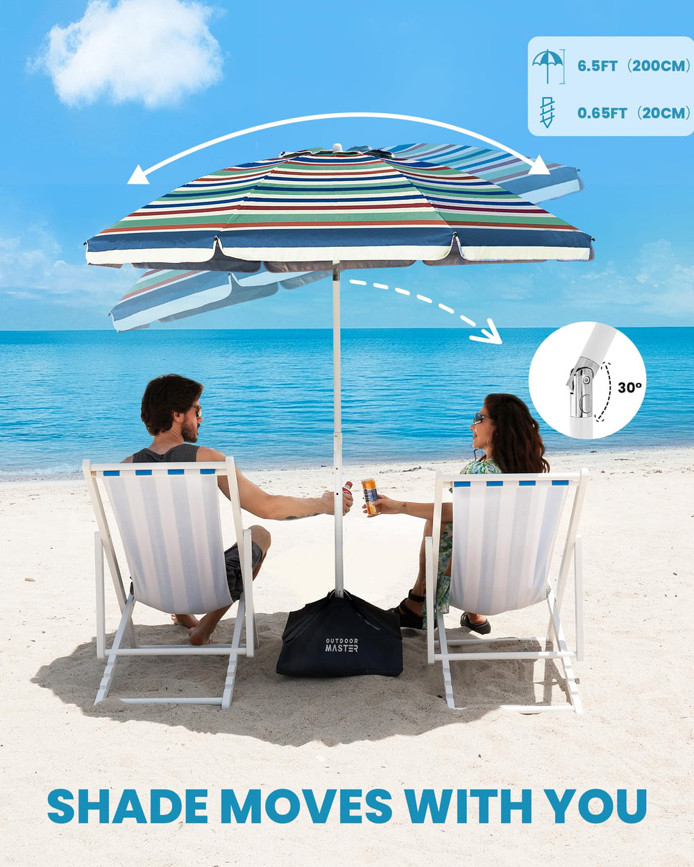 Back view of OutdoorMaster beach umbrella showing the sandbag