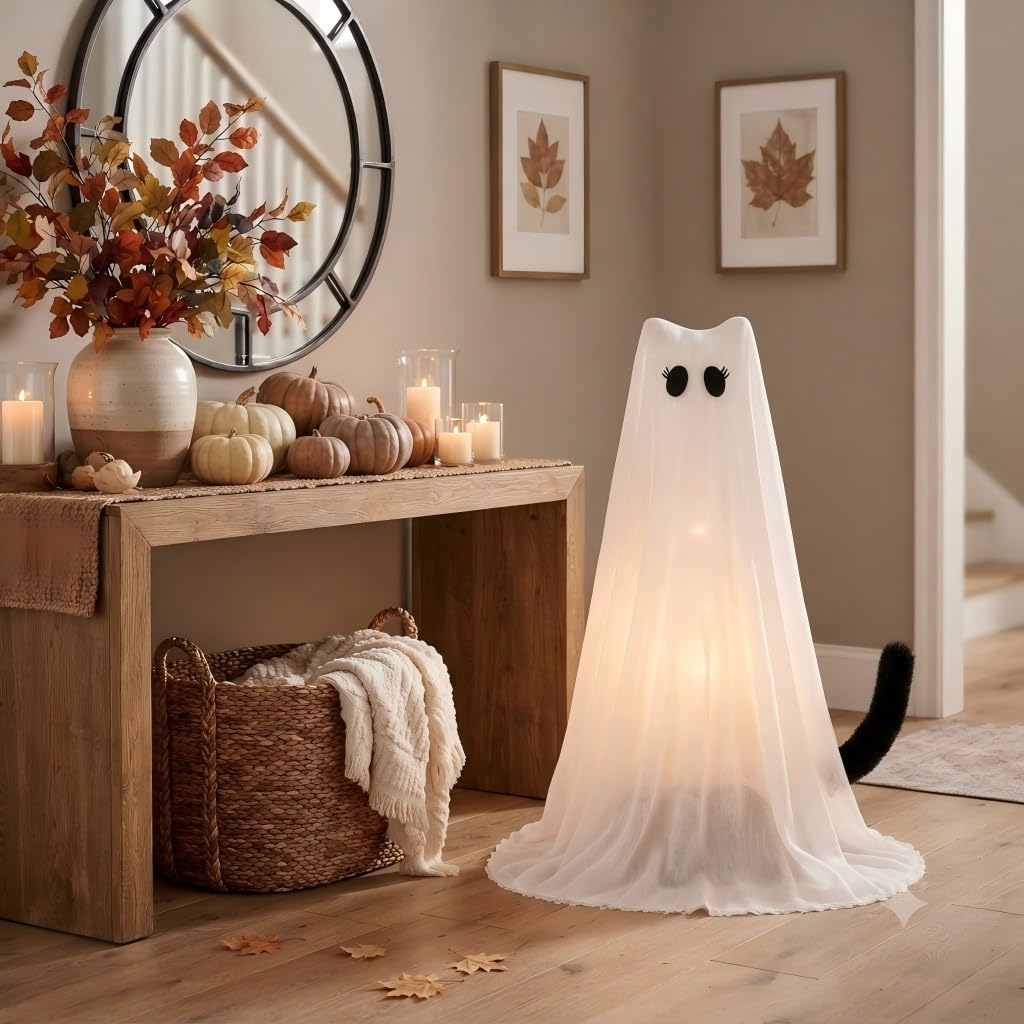 Back view of PEJOURI Lighted Cat Ghost Halloween Decoration