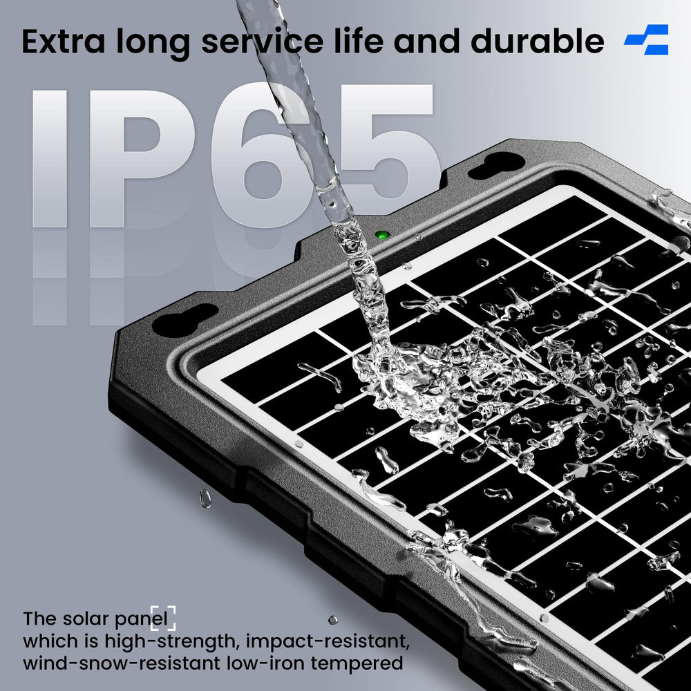 Back view of POWOXI solar battery charger with technical specifications