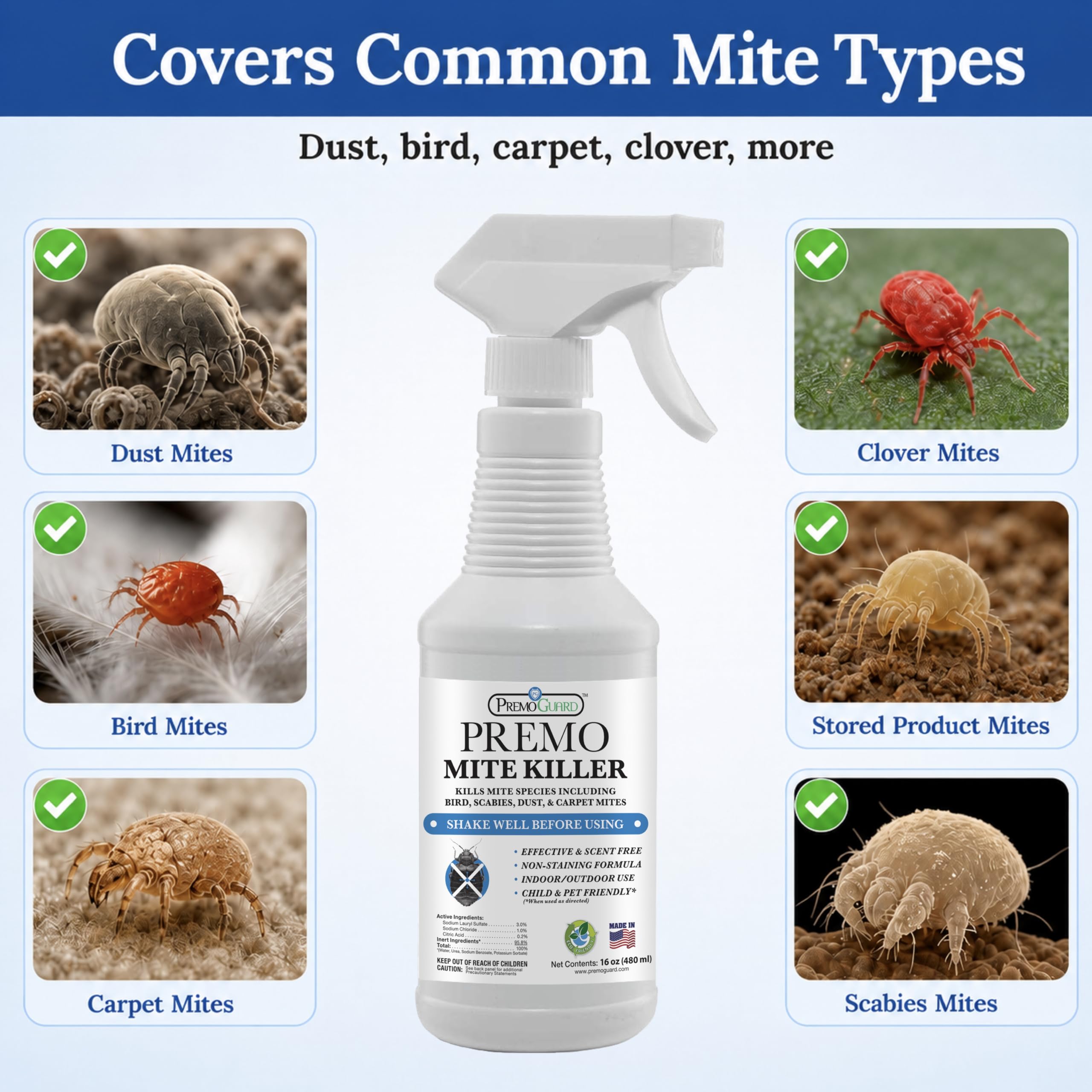 Back view of Premo Guard Natural Mite Spray bottle