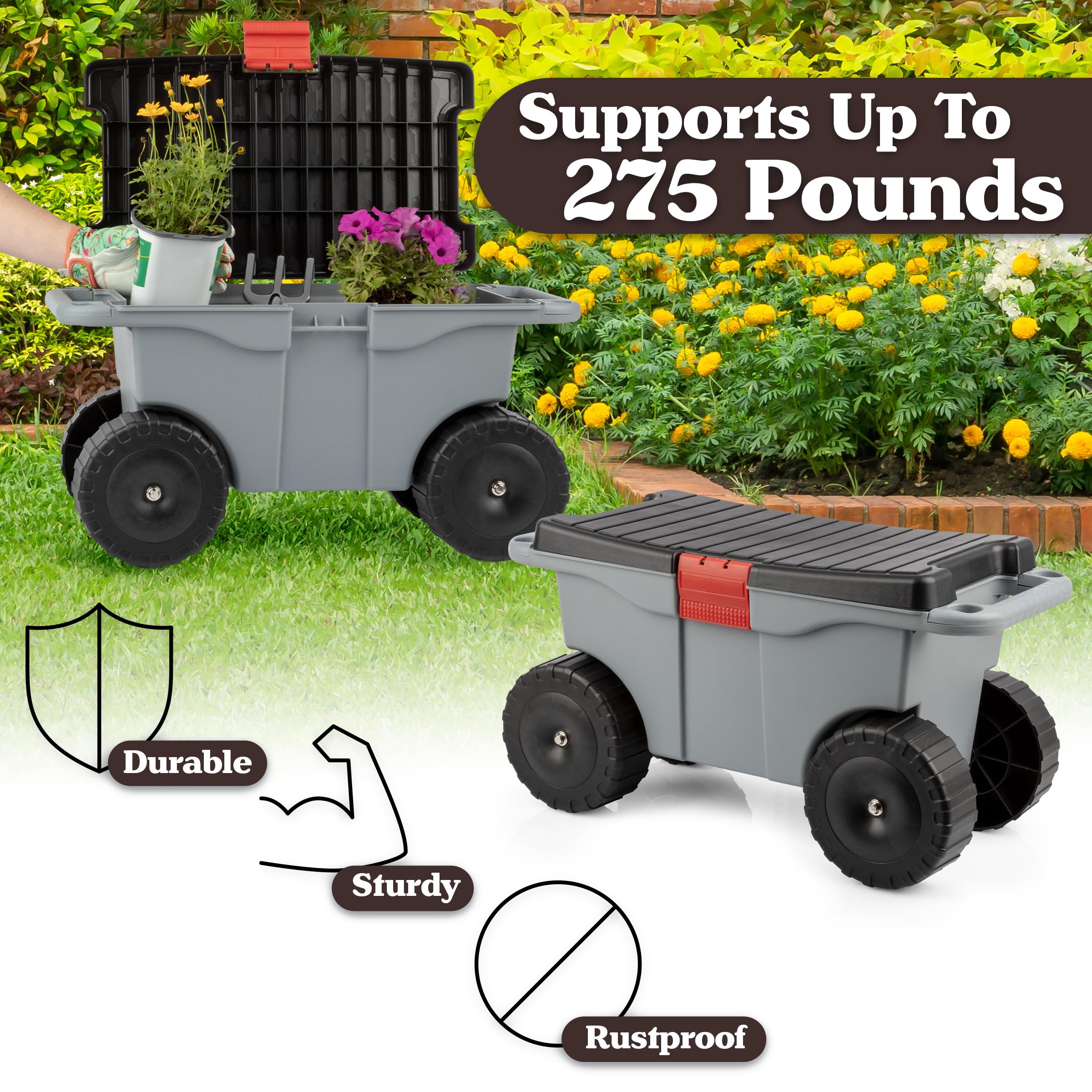 Back view of Pure Garden Rolling Garden Cart with seat