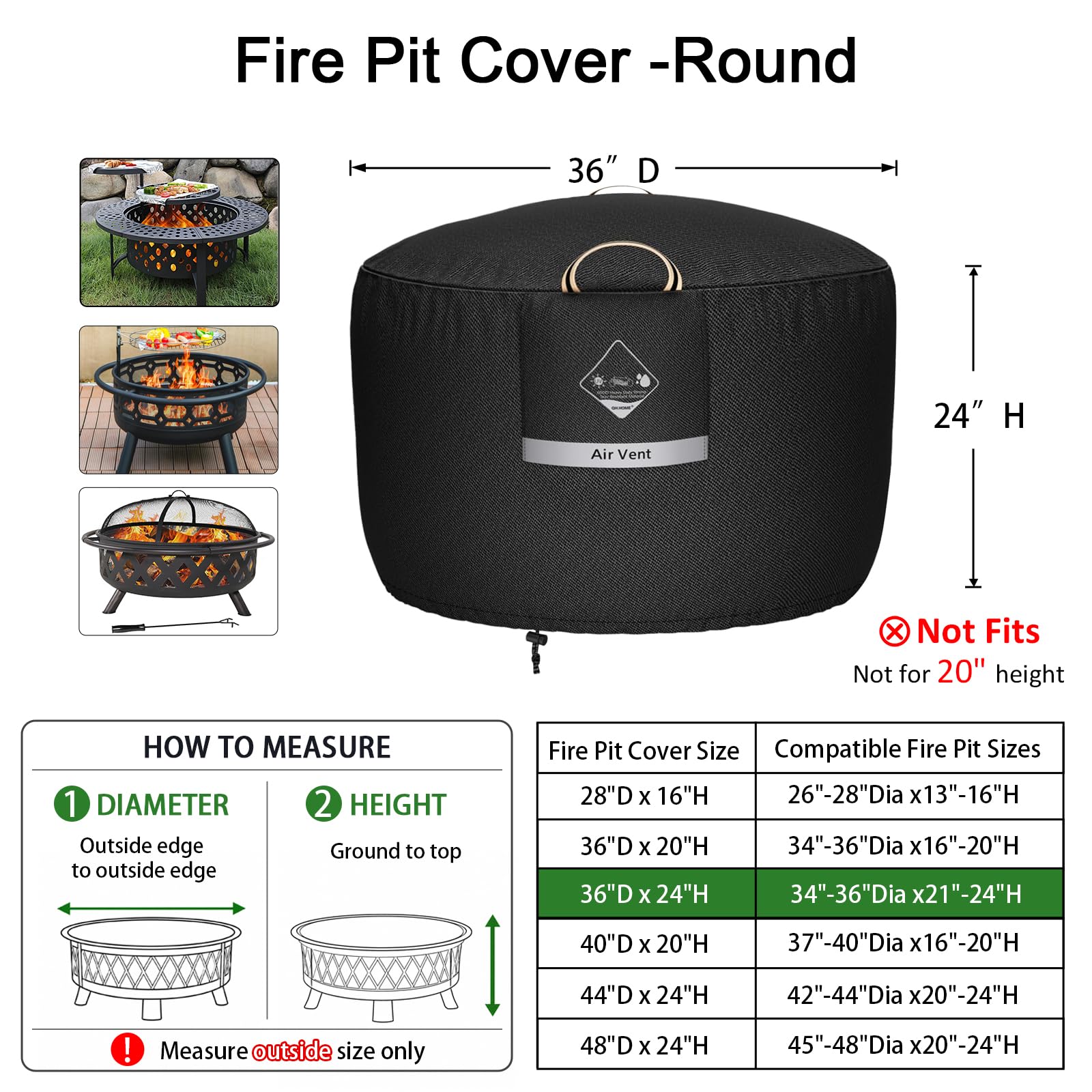 Back view of QH.HOME fire pit cover showing waterproof features