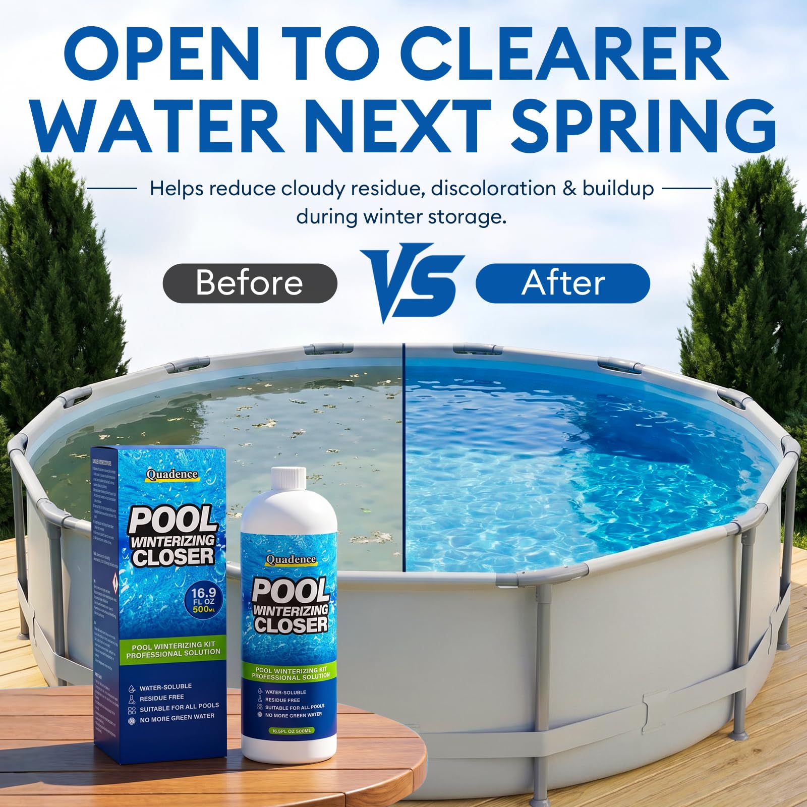 Back view of Quadence Pool Closing Kit with usage instructions