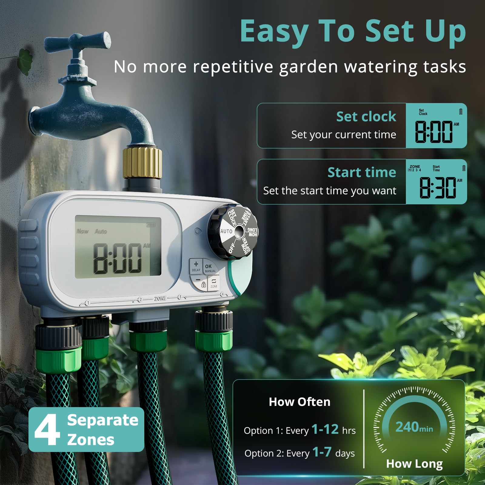 Back view of QUOBAS Sprinkler Timer with battery compartment