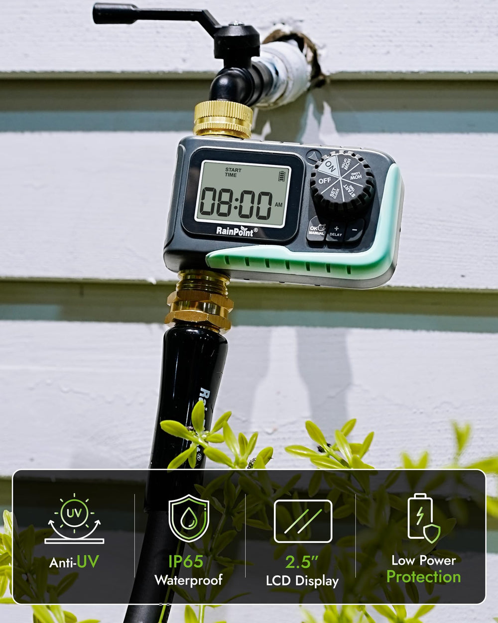 Back view of RAINPOINT Sprinkler Timer showing controls