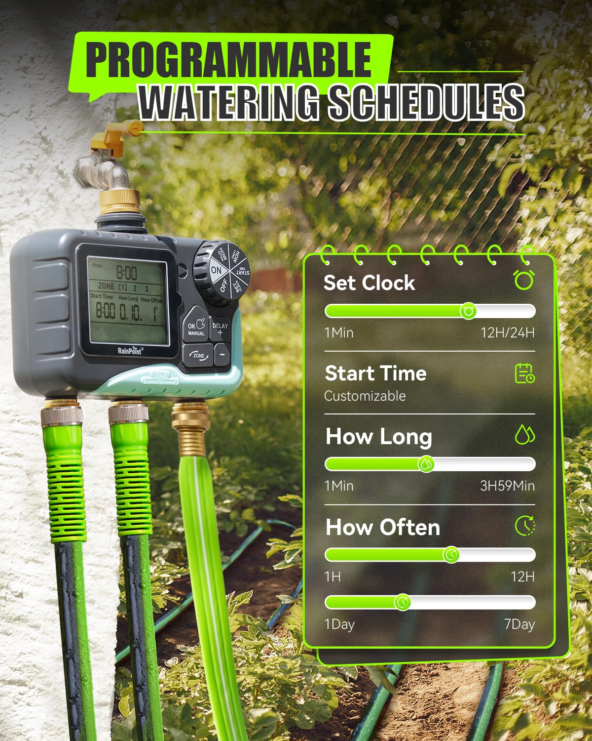 Back view of RAINPOINT water timer illustrating connection points