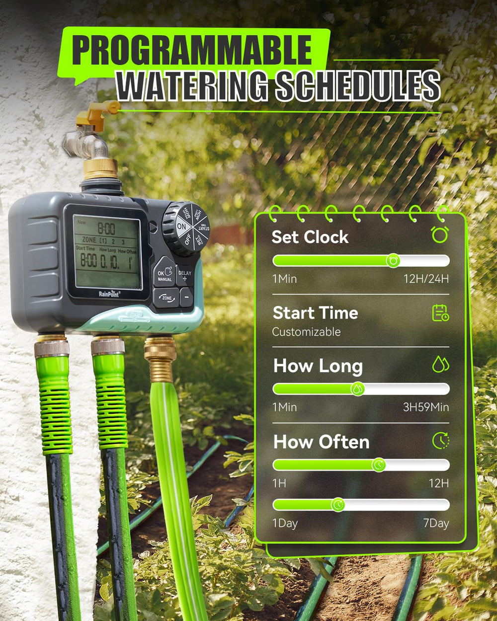 Back view of RAINPOINT water timer illustrating connection points