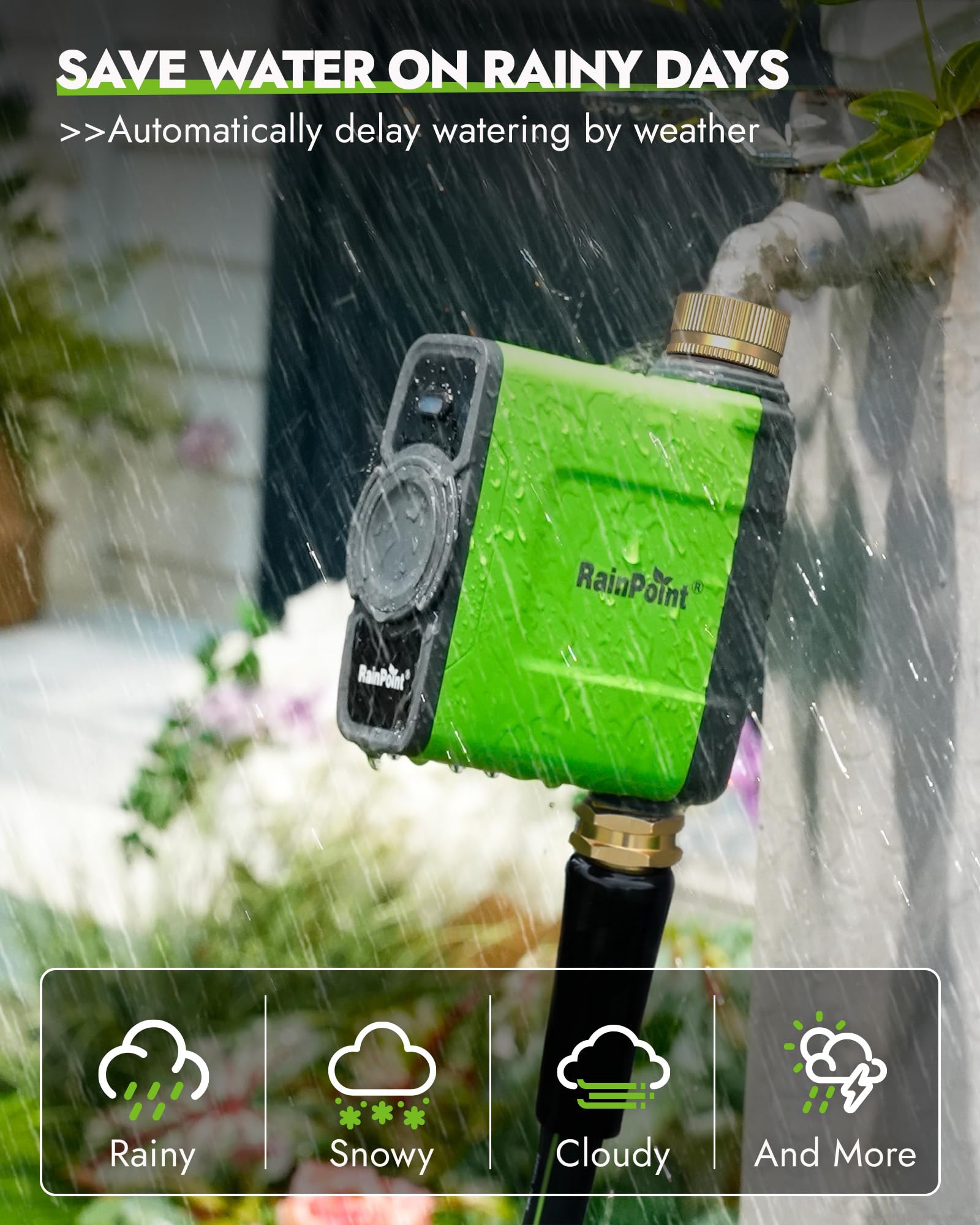 Back view of RAINPOINT WiFi Water Timer showing antenna